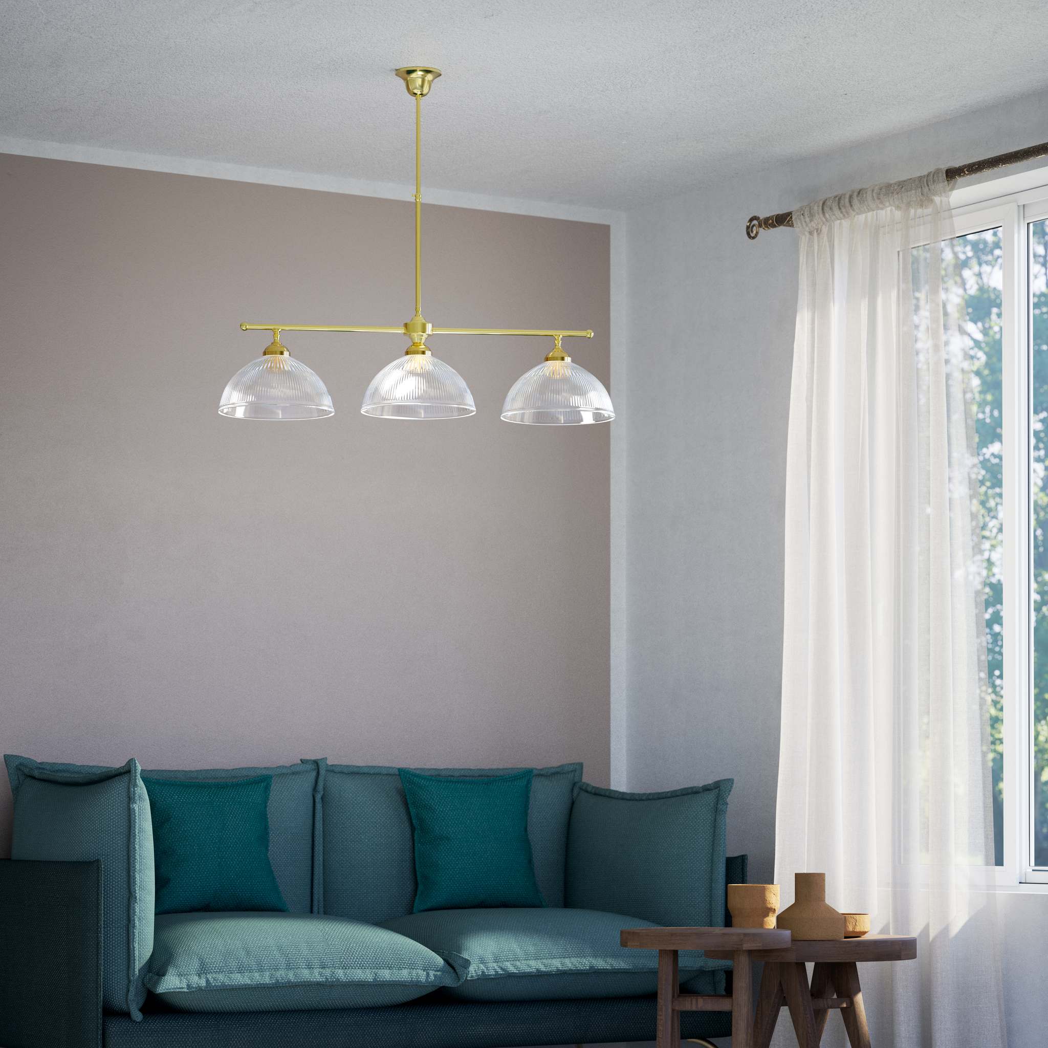 Brass chandelier with three ribbed glass shades, classic and adjustable design for sophisticated interiors by Ghidini 1849 - Finish: OLV Polished Brass