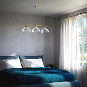 Brass chandelier with three ribbed glass shades, classic and adjustable design for sophisticated interiors by Ghidini 1849 - Finish: OLV Polished Brass