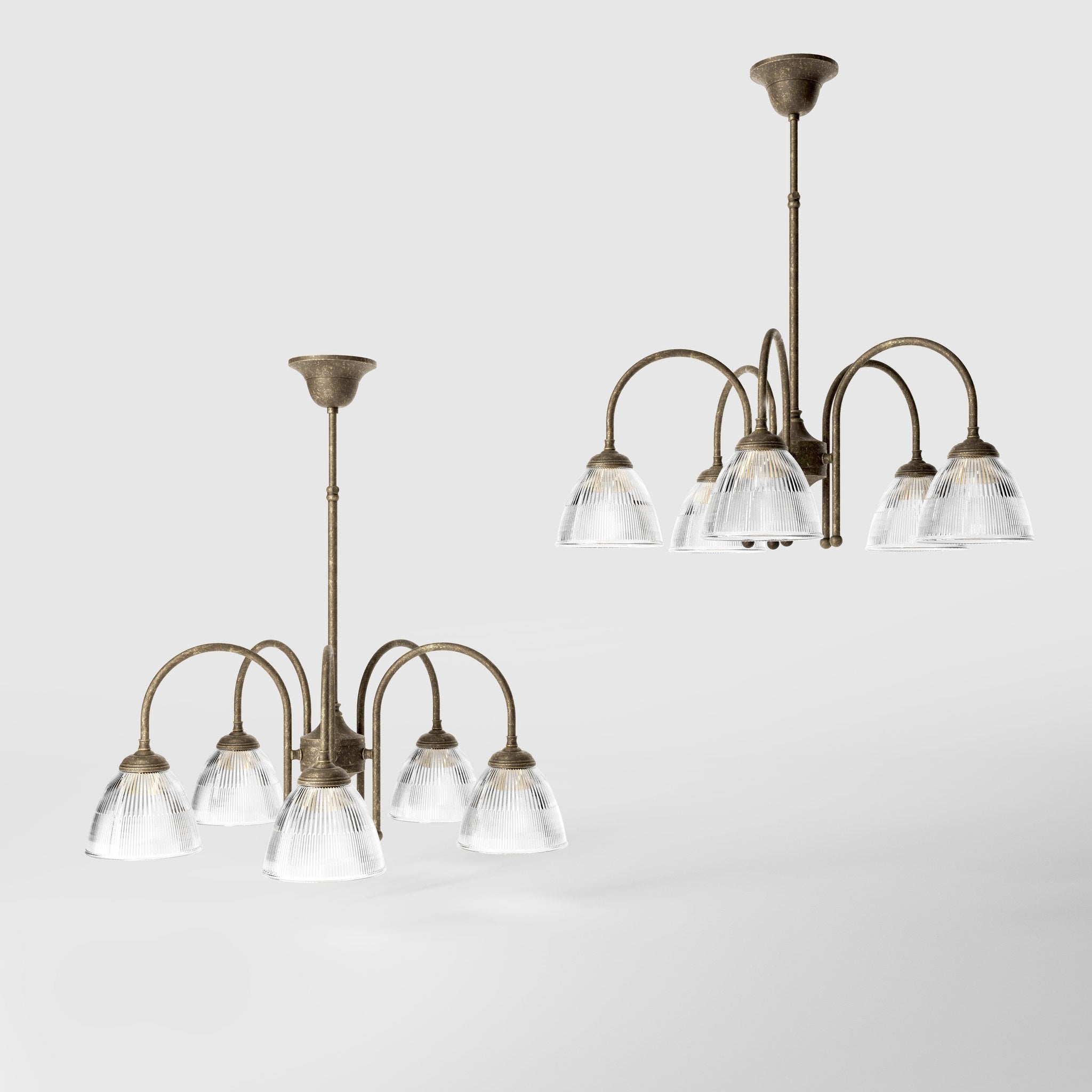 Five light chandelier brass ribbed glass clear neoclassical design dining room Italian Ghidini 1849 - Finish: OAS Antique Brass