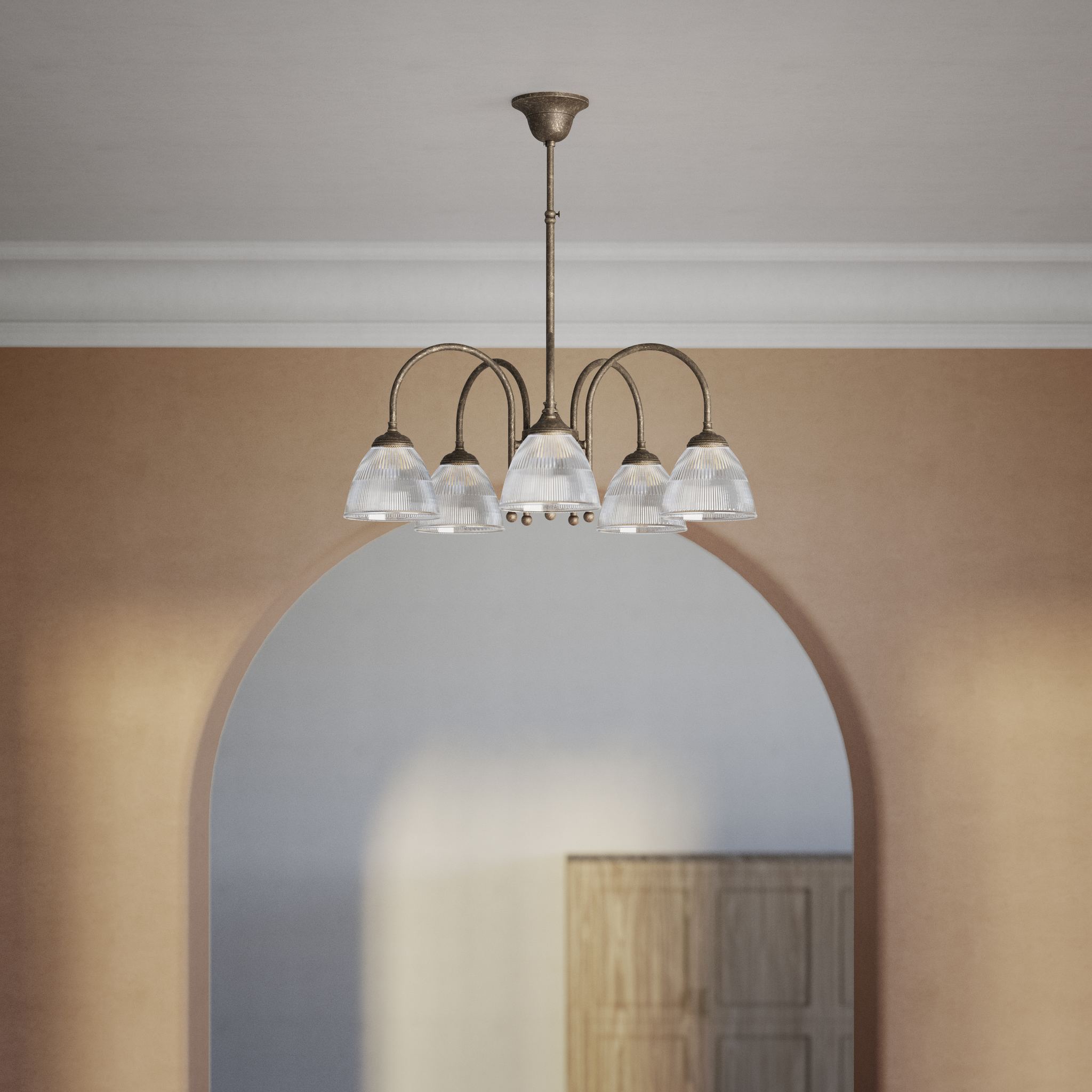 Five light chandelier brass ribbed glass clear neoclassical design dining room Italian Ghidini 1849 - Finish: OAS Antique Brass