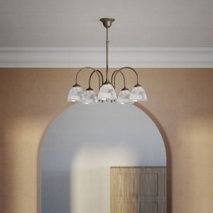 Five light chandelier brass ribbed glass clear neoclassical design dining room Italian Ghidini 1849 - Finish: OAS Antique Brass