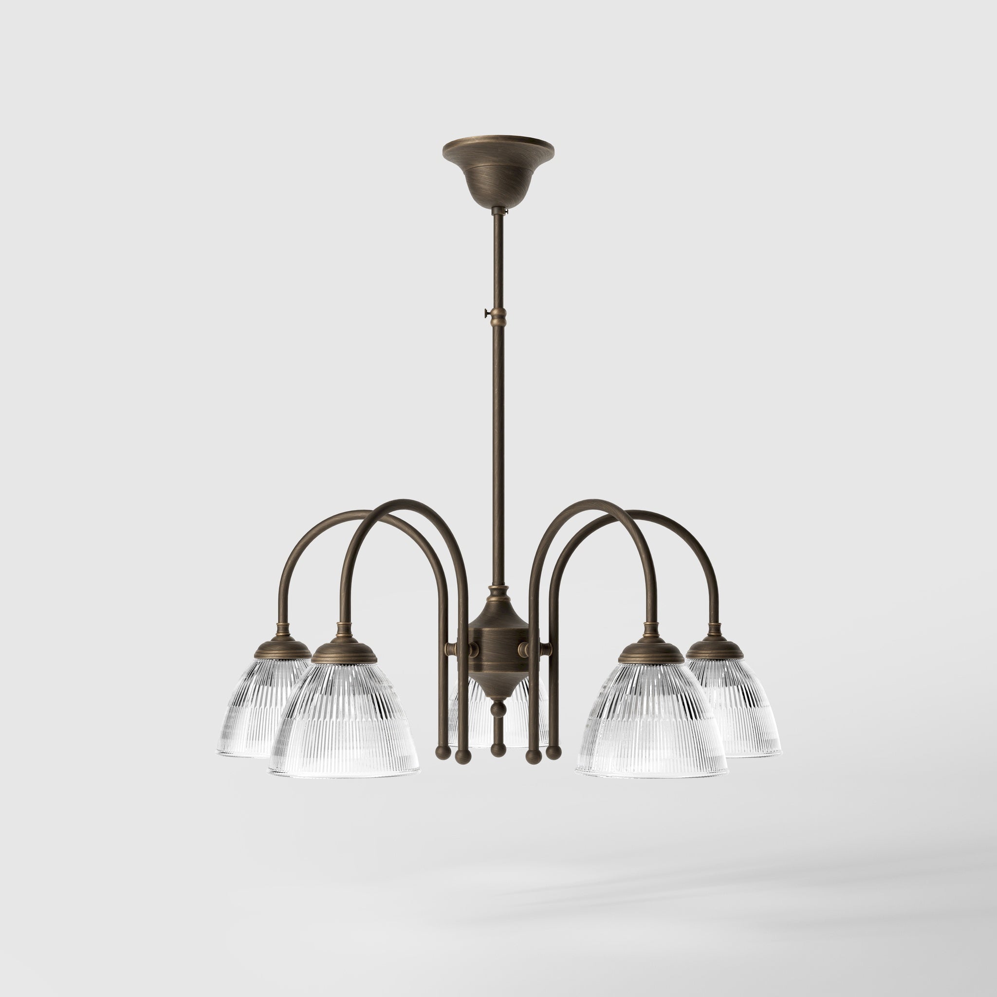 Five light chandelier brass ribbed glass clear neoclassical design dining room Italian Ghidini 1849 - Finish: OBM Bronze Satin Matt Brass