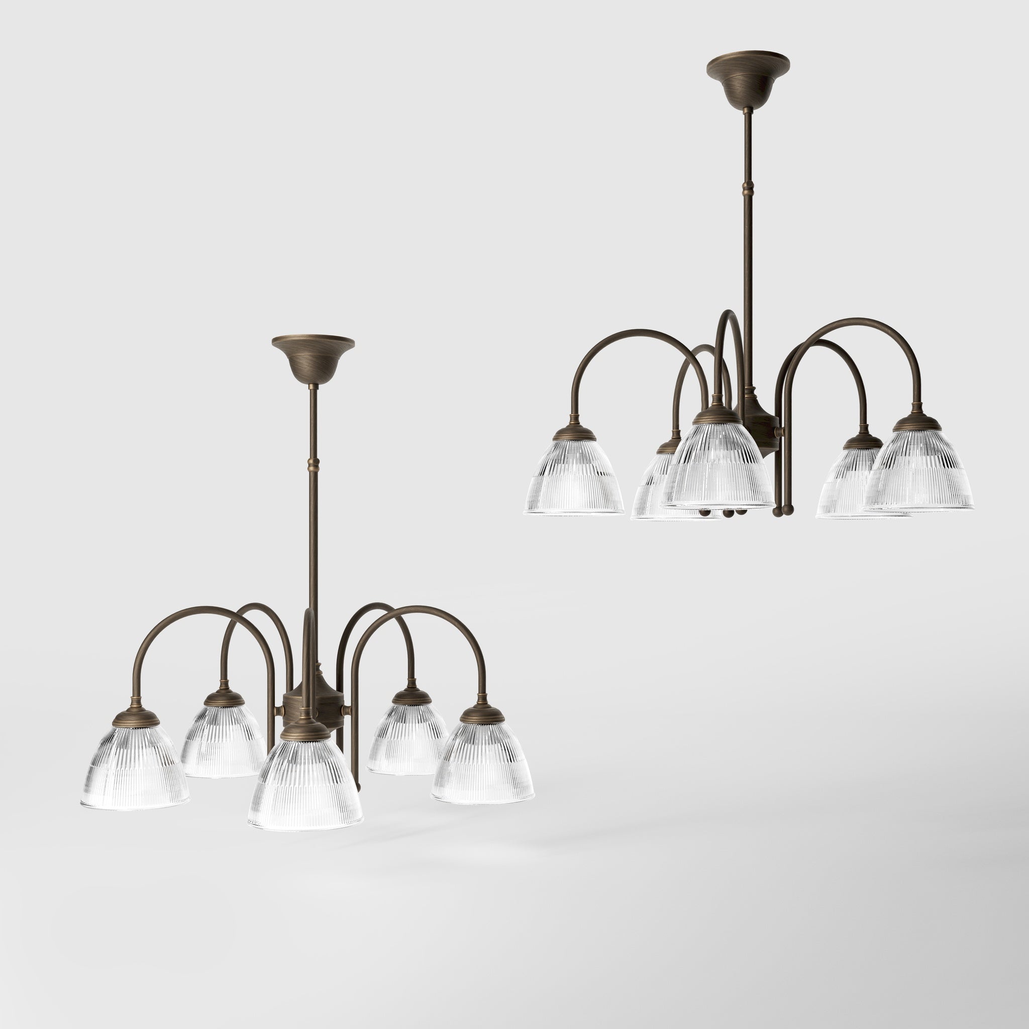 Five light chandelier brass ribbed glass clear neoclassical design dining room Italian Ghidini 1849 - Finish: OBM Bronze Satin Matt Brass