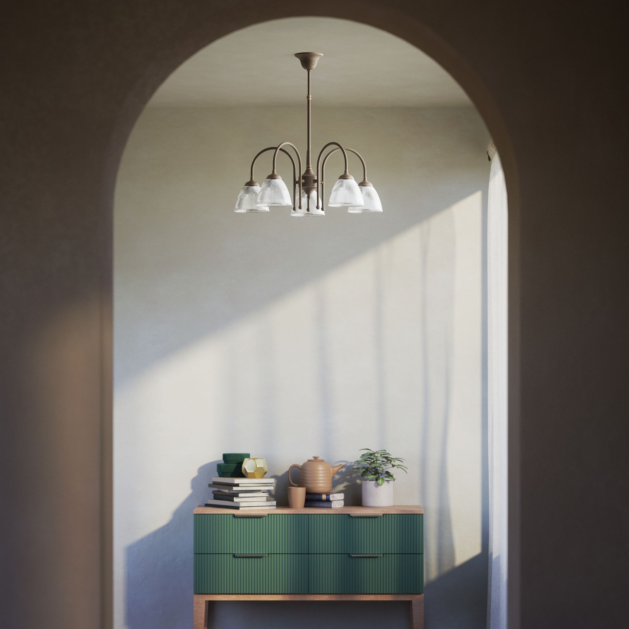 Five light chandelier brass ribbed glass clear neoclassical design dining room Italian Ghidini 1849 - Finish: OBM Bronze Satin Matt Brass