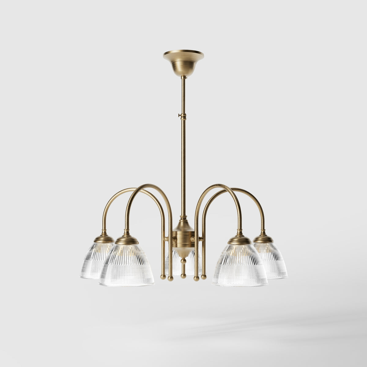 Lampadario Cinque Luci Ottone Vetro Rigato Elide - OBS Bronzo Satinato