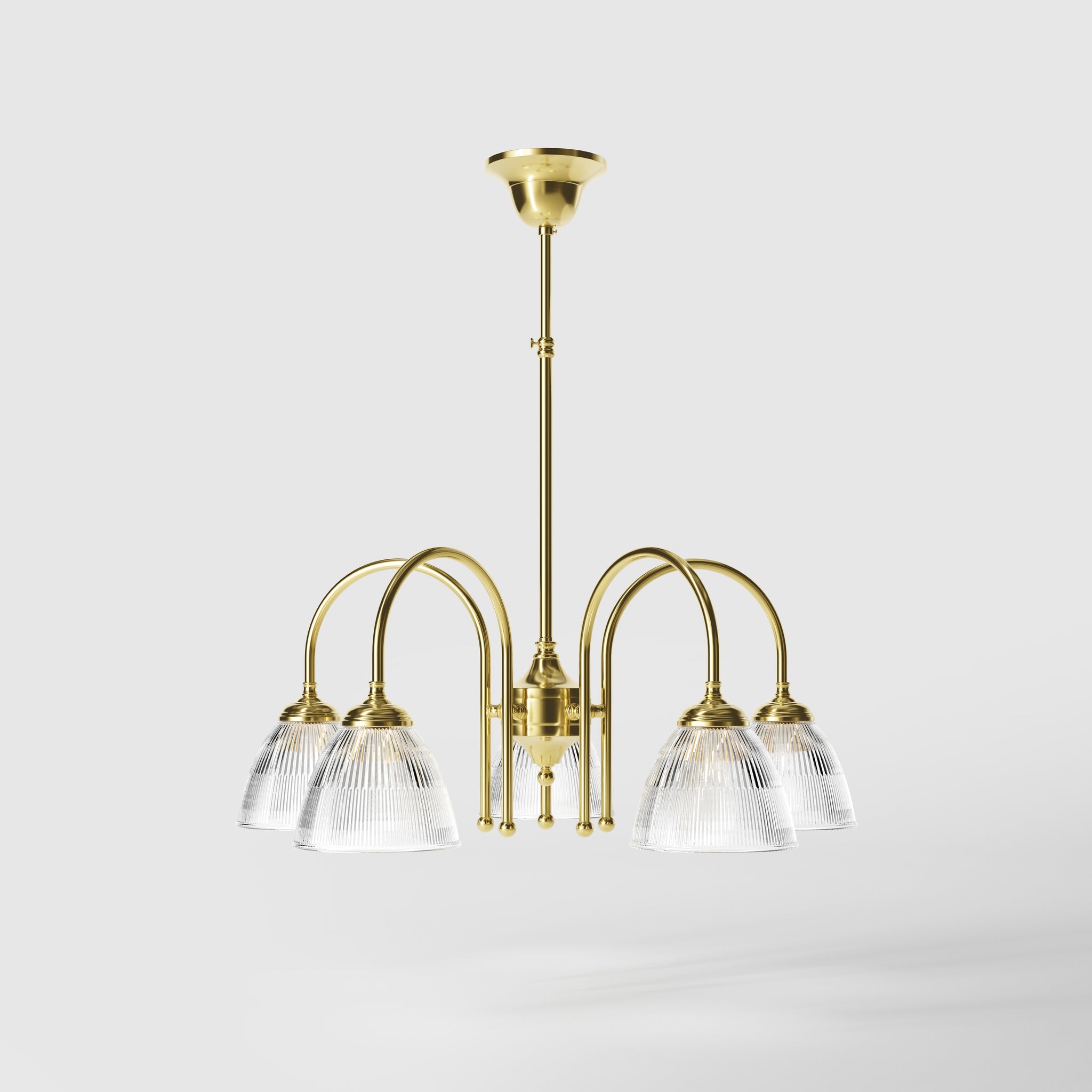 Five light chandelier brass ribbed glass clear neoclassical design dining room Italian Ghidini 1849 - Finish: OLV Polished Brass