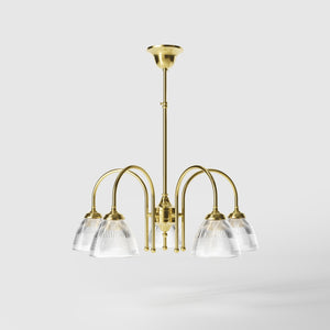 Five light chandelier brass ribbed glass clear neoclassical design dining room Italian Ghidini 1849 - Finish: OLV Polished Brass