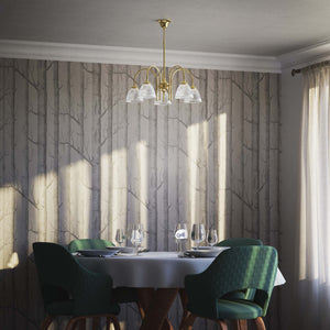 Five light chandelier brass ribbed glass clear neoclassical design dining room Italian Ghidini 1849 - Finish: OLV Polished Brass