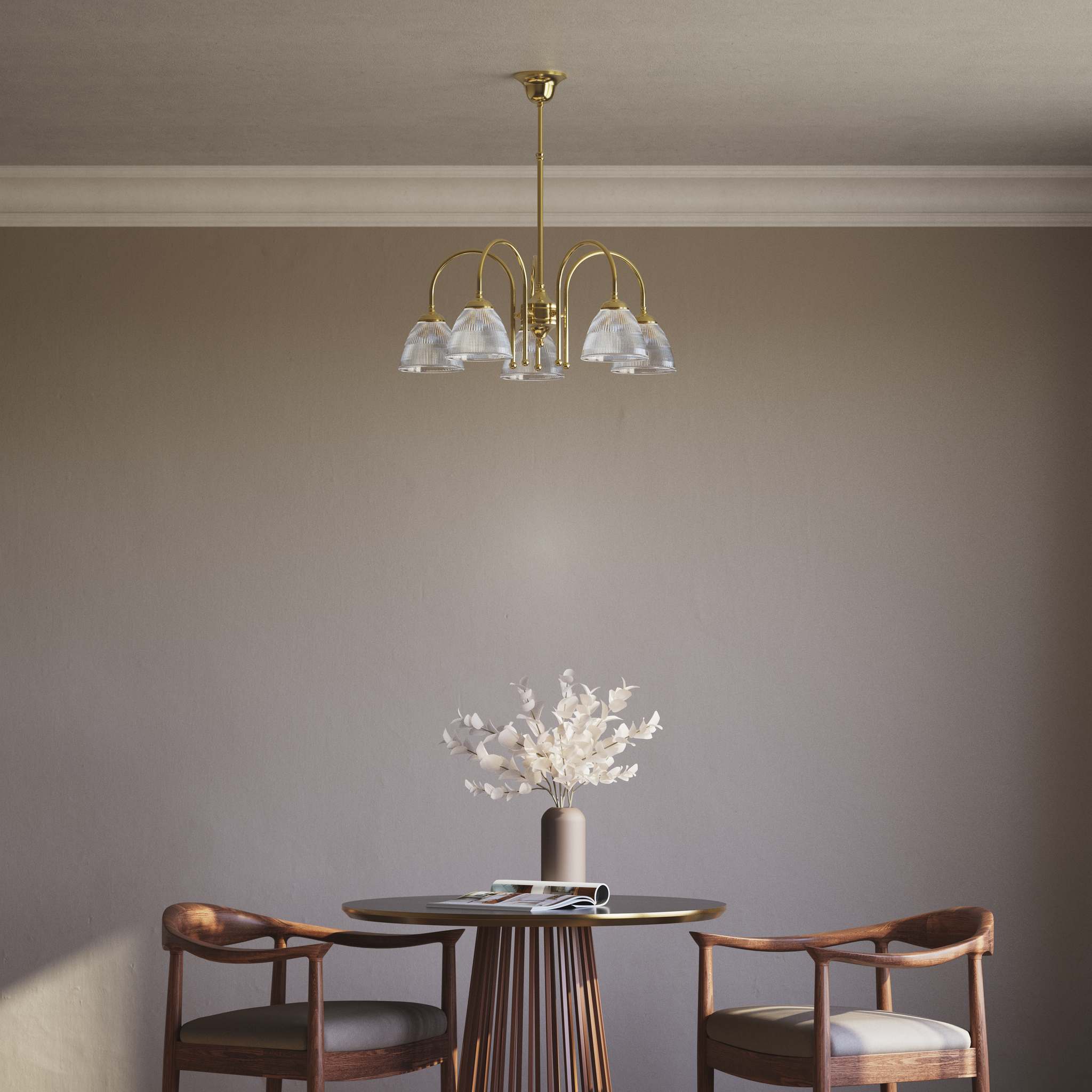Five light chandelier brass ribbed glass clear neoclassical design dining room Italian Ghidini 1849 - Finish: OLV Polished Brass