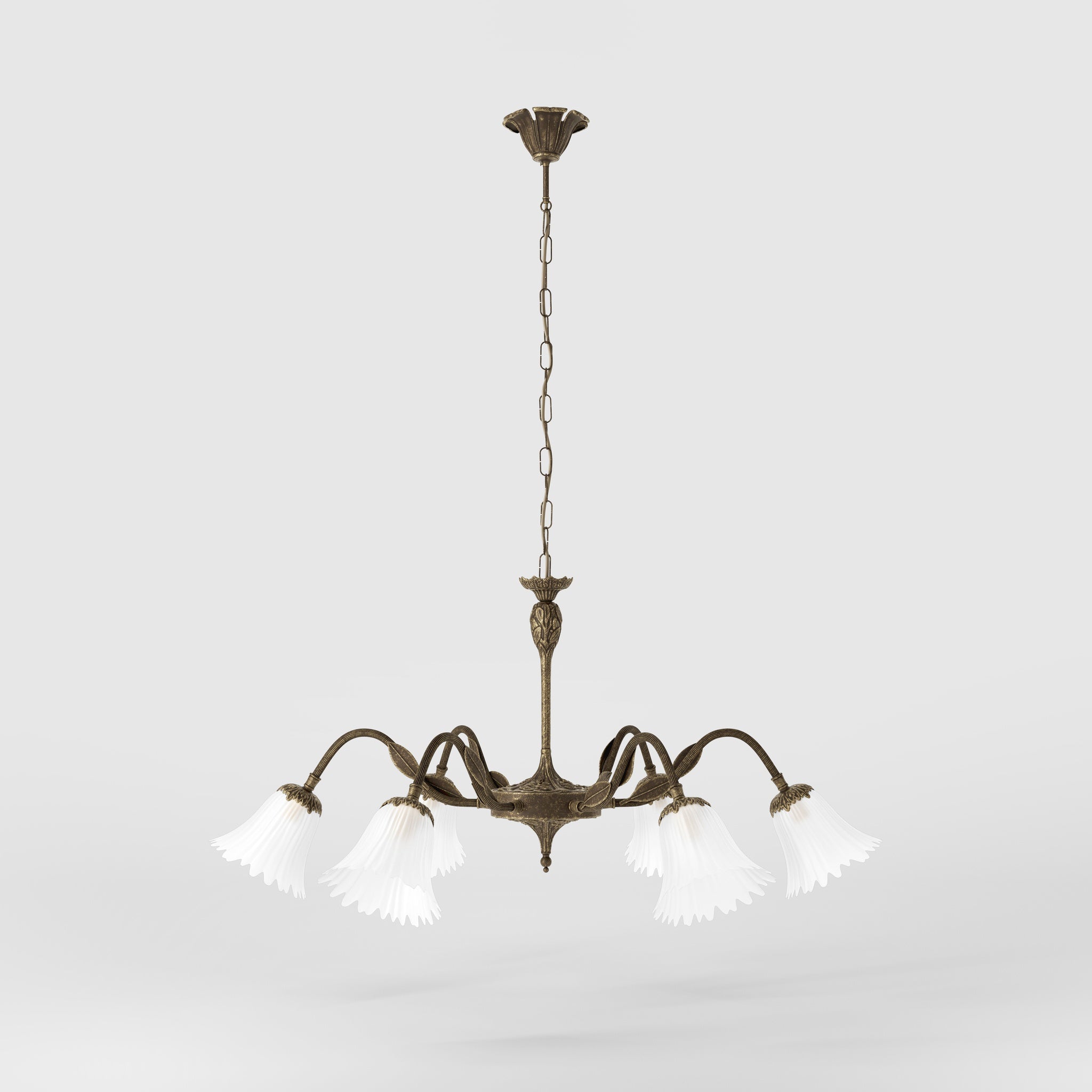 Classic brass chandelier with six arms and frosted glass flower-shaped shades by Ghidini 1849 - Finish: OAS Antique Brass