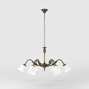Classic brass chandelier with six arms and frosted glass flower-shaped shades by Ghidini 1849 - Finish: OAS Antique Brass