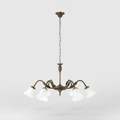 Classic brass chandelier with six arms and frosted glass flower-shaped shades by Ghidini 1849 - Finish: OAS Antique Brass