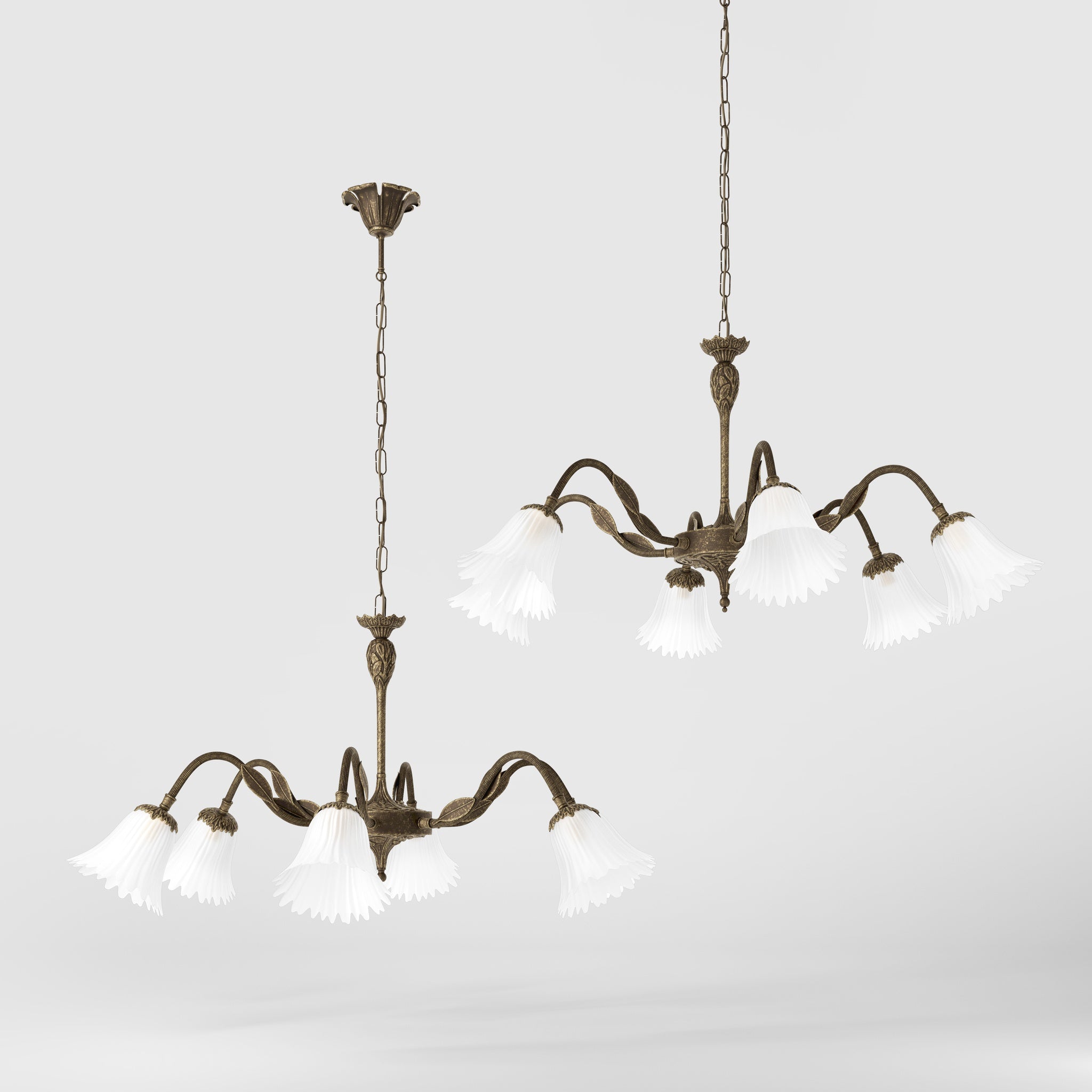 Classic brass chandelier with six arms and frosted glass flower-shaped shades by Ghidini 1849 - Finish: OAS Antique Brass