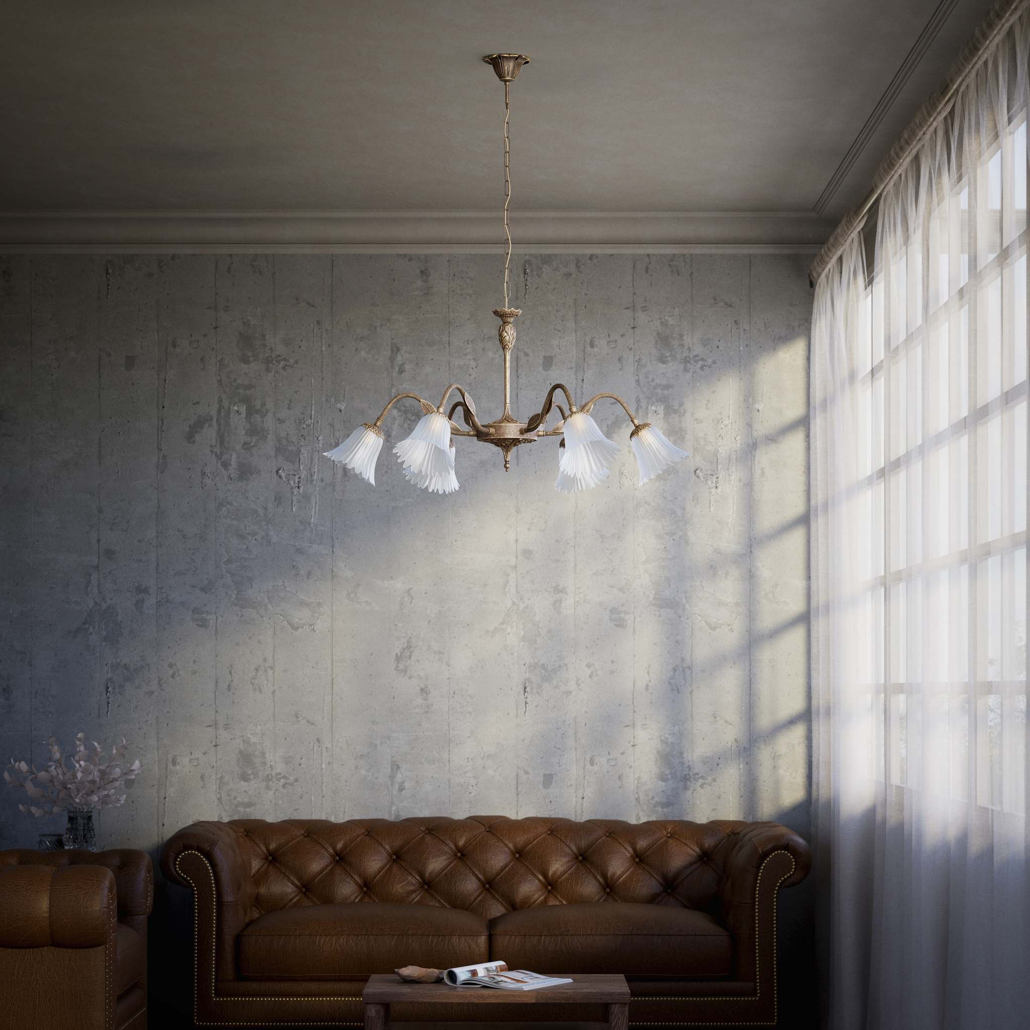 Classic brass chandelier with six arms and frosted glass flower-shaped shades by Ghidini 1849 - Finish: OAS Antique Brass