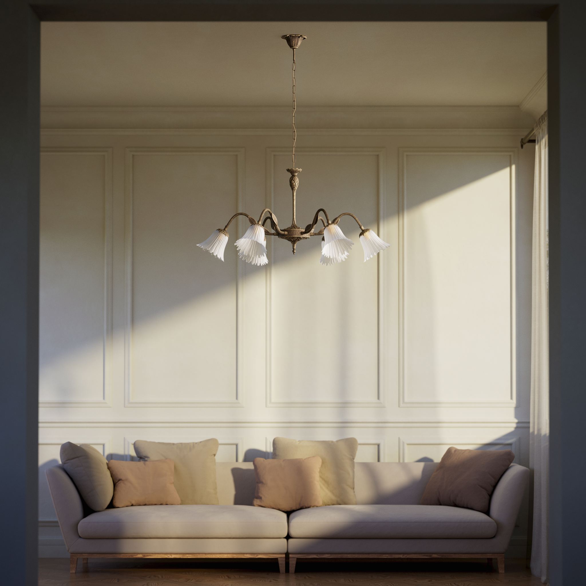 Classic brass chandelier with six arms and frosted glass flower-shaped shades by Ghidini 1849 - Finish: OAS Antique Brass