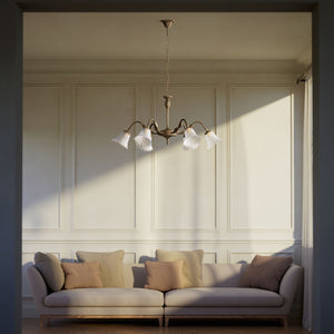 Classic brass chandelier with six arms and frosted glass flower-shaped shades by Ghidini 1849 - Finish: OAS Antique Brass