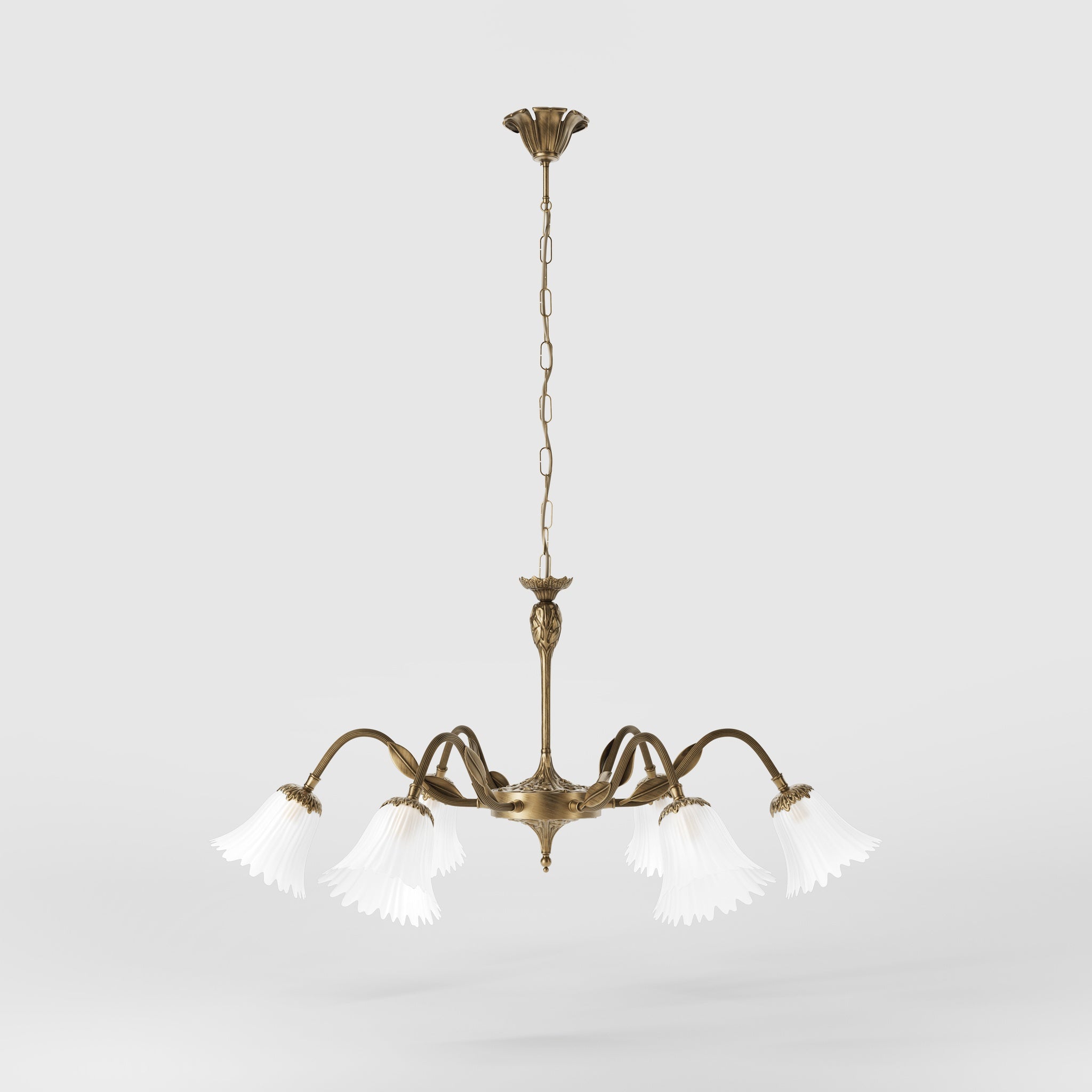 Classic brass chandelier with six arms and frosted glass flower-shaped shades by Ghidini 1849 - Finish: OBS Bronze Satin Brass