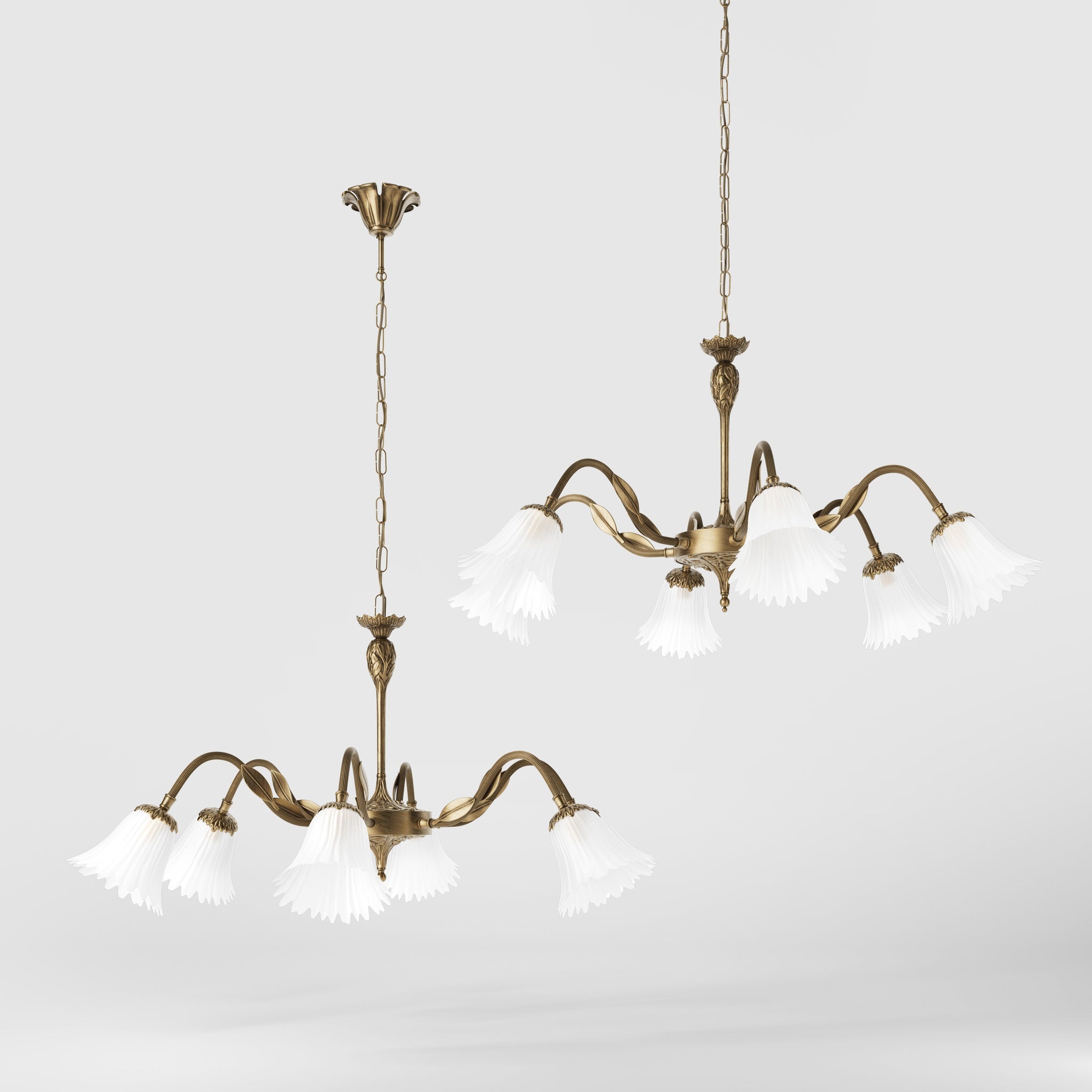 Classic brass chandelier with six arms and frosted glass flower-shaped shades by Ghidini 1849 - Finish: OBS Bronze Satin Brass