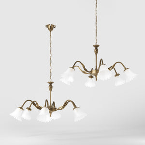 Classic brass chandelier with six arms and frosted glass flower-shaped shades by Ghidini 1849 - Finish: OBS Bronze Satin Brass