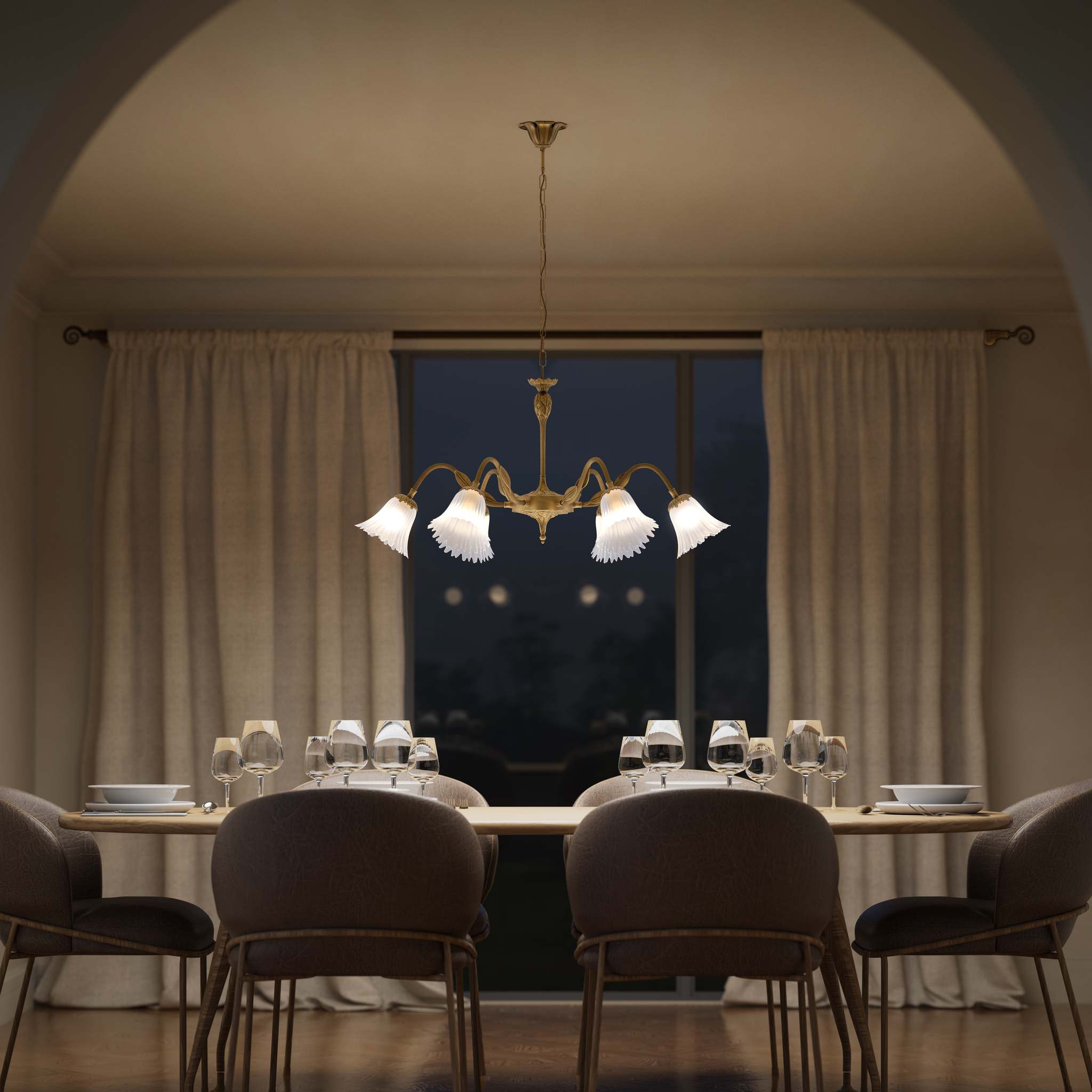Classic brass chandelier with six arms and frosted glass flower-shaped shades by Ghidini 1849 - Finish: OBS Bronze Satin Brass