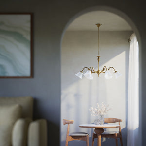 Classic brass chandelier with six arms and frosted glass flower-shaped shades by Ghidini 1849 - Finish: OBS Bronze Satin Brass