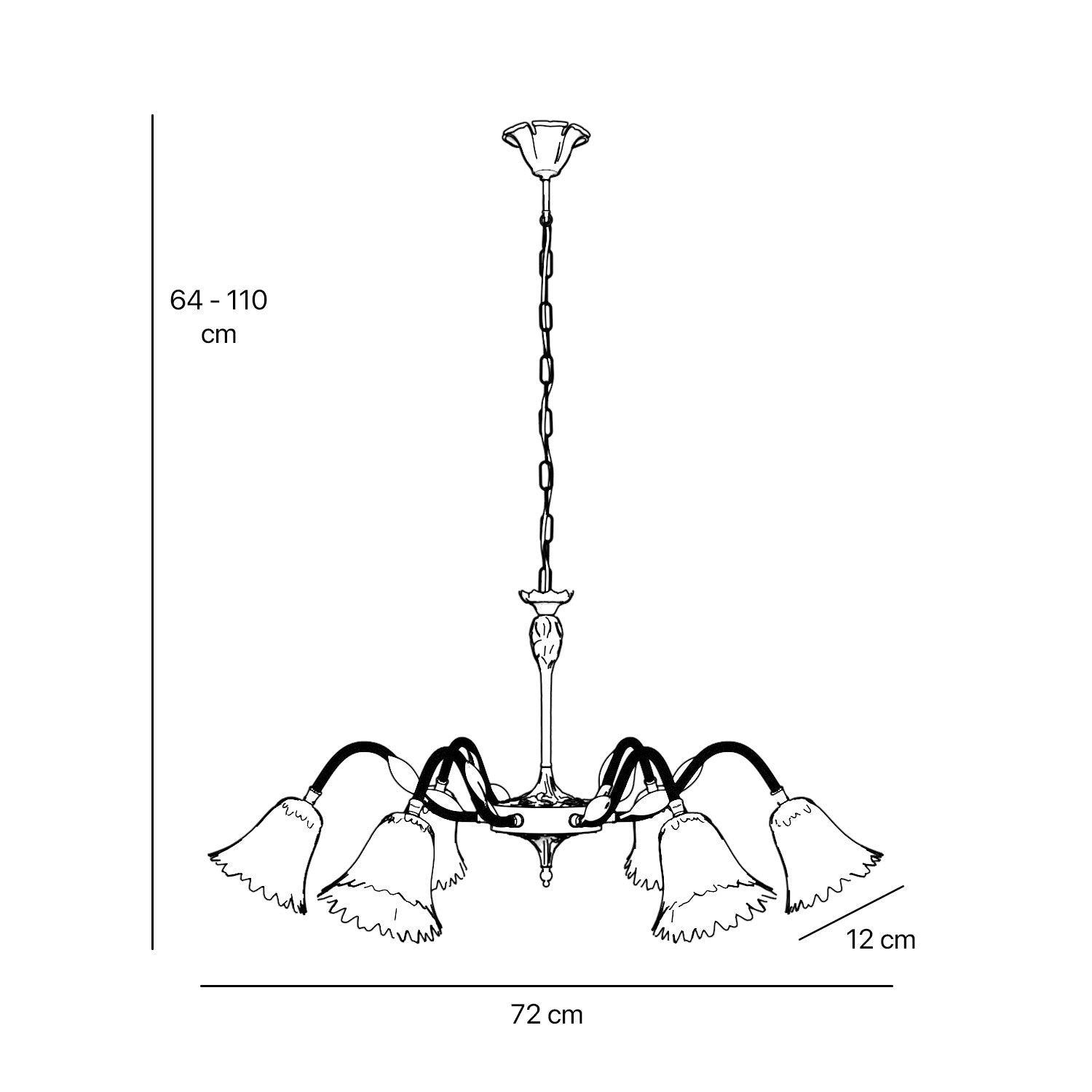 Classic brass chandelier with six arms and frosted glass flower-shaped shades by Ghidini 1849