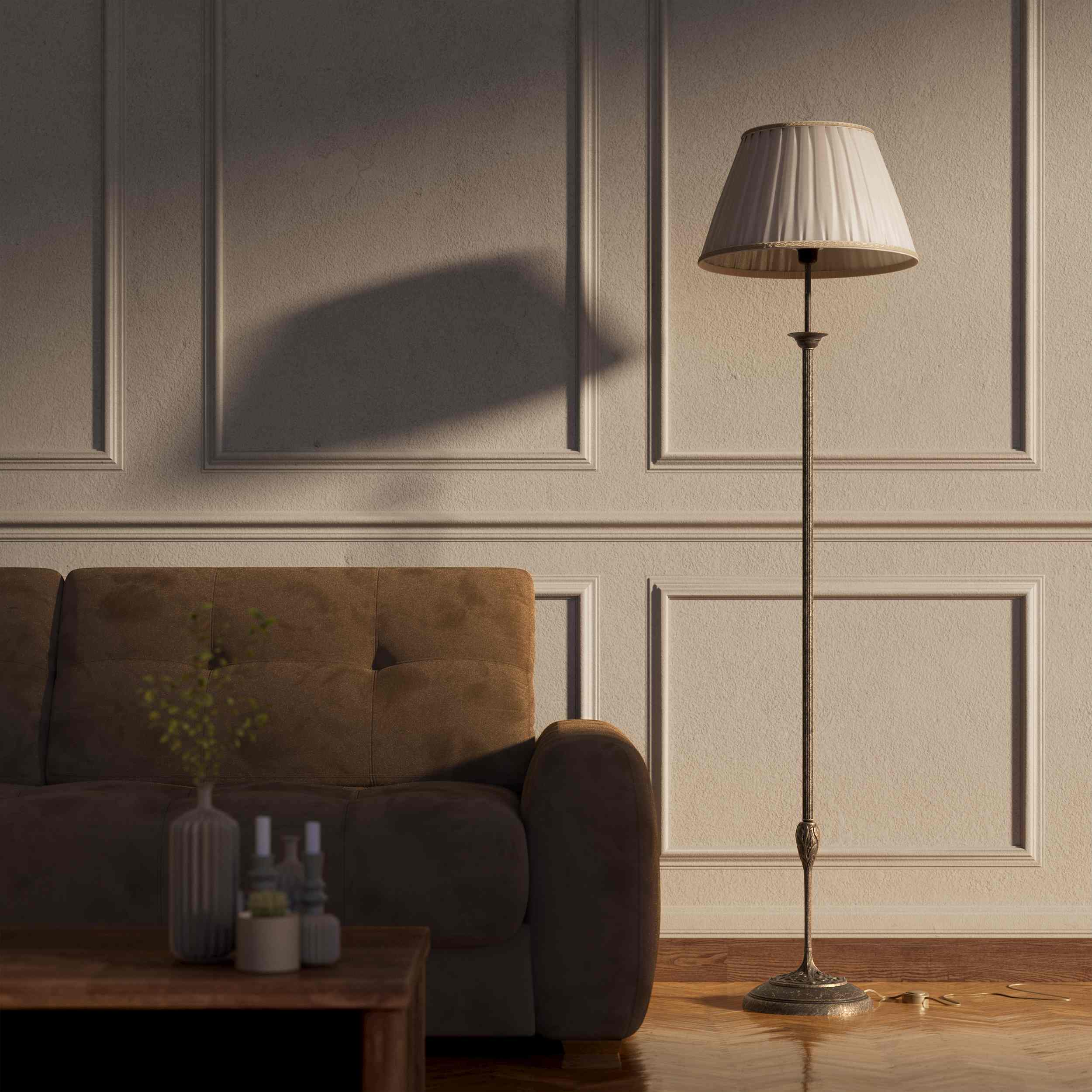 Classic floor lamp Simona collection with decorated brass stem and large pleated ivory white fabric lampshade on ornamental base by Ghidini 1849 - Finish: OAS Antique Brass