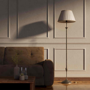 Classic floor lamp Simona collection with decorated brass stem and large pleated ivory white fabric lampshade on ornamental base by Ghidini 1849 - Finish: OAS Antique Brass