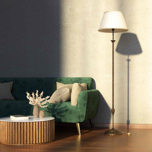 Classic floor lamp Simona collection with decorated brass stem and large pleated ivory white fabric lampshade on ornamental base by Ghidini 1849 - Finish: OAS Antique Brass