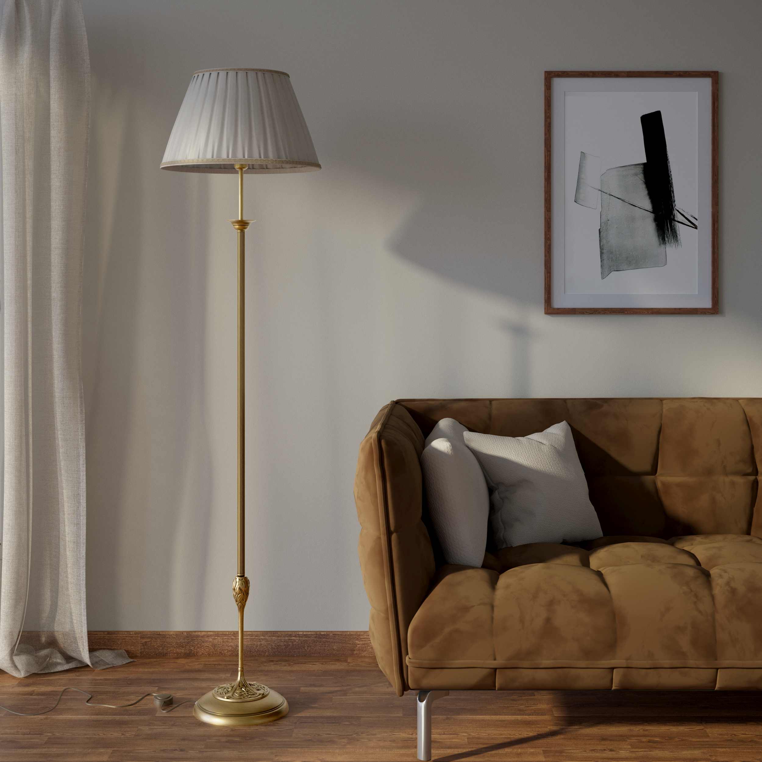 Classic floor lamp Simona collection with decorated brass stem and large pleated ivory white fabric lampshade on ornamental base by Ghidini 1849 - Finish: OBS Bronze Satin Brass
