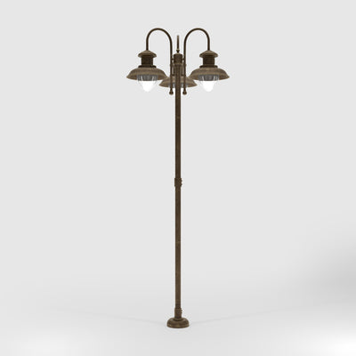 Complete outdoor post lamp with pole featuring three teardrop glass diffusers and brass structure from Amalfi collection by Ghidini 1849 - Finish: OAS Antique Brass