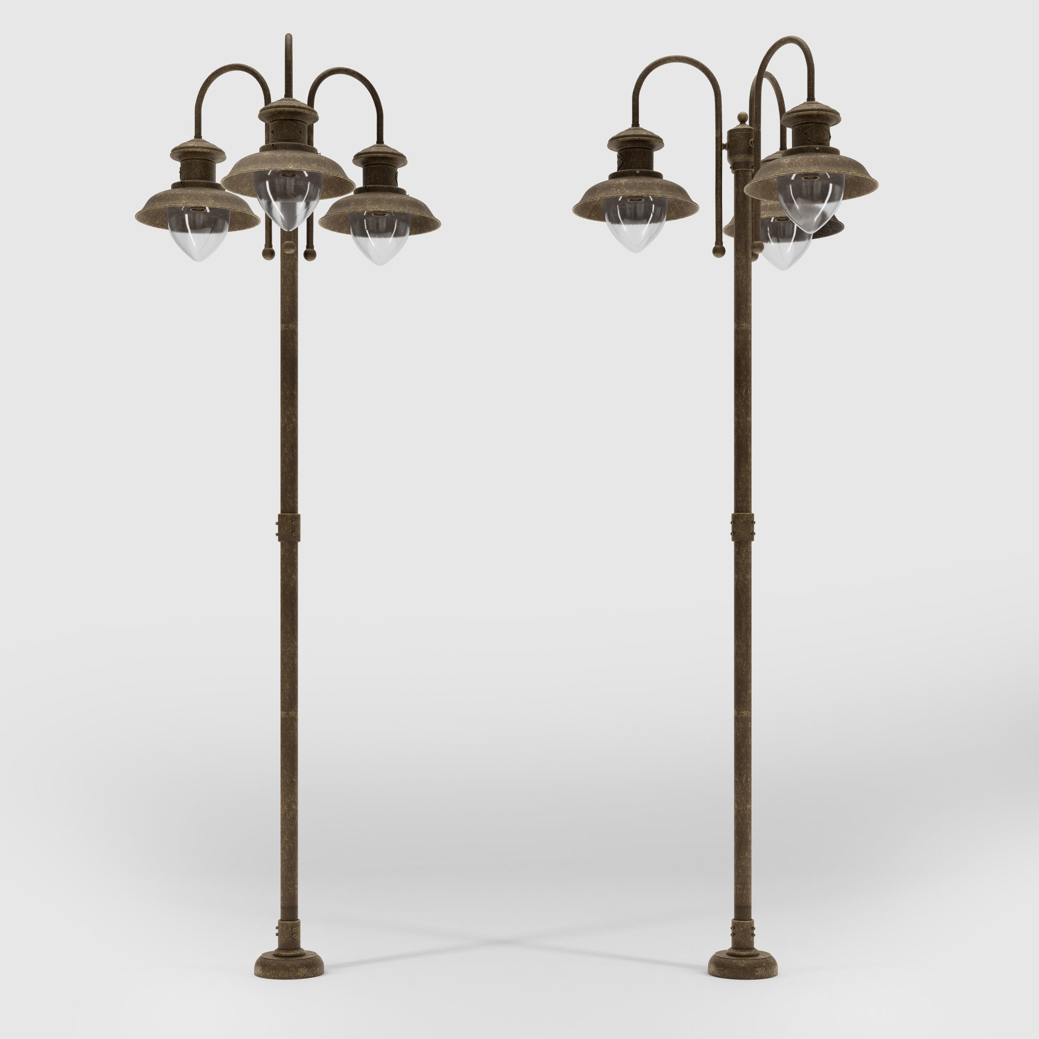 Complete outdoor post lamp with pole featuring three teardrop glass diffusers and brass structure from Amalfi collection by Ghidini 1849 - Finish: OAS Antique Brass