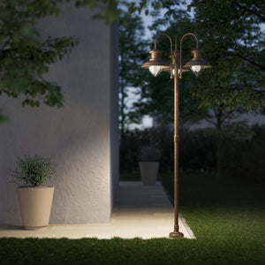 Complete outdoor post lamp with pole featuring three teardrop glass diffusers and brass structure from Amalfi collection by Ghidini 1849 - Finish: OAS Antique Brass