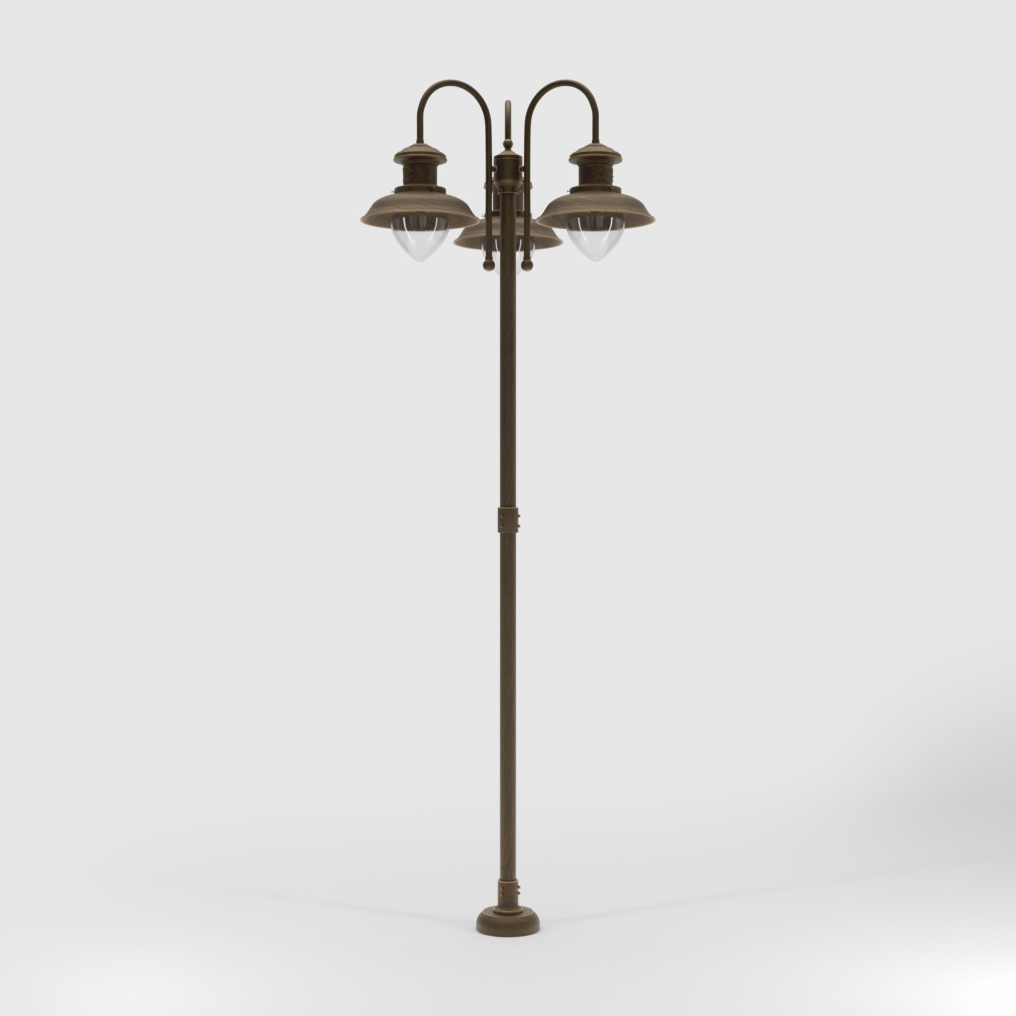 Complete outdoor post lamp with pole featuring three teardrop glass diffusers and brass structure from Amalfi collection by Ghidini 1849 - Finish: OBM Bronze Satin Matt Brass