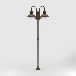 Complete outdoor post lamp with pole featuring three teardrop glass diffusers and brass structure from Amalfi collection by Ghidini 1849 - Finish: OBM Bronze Satin Matt Brass
