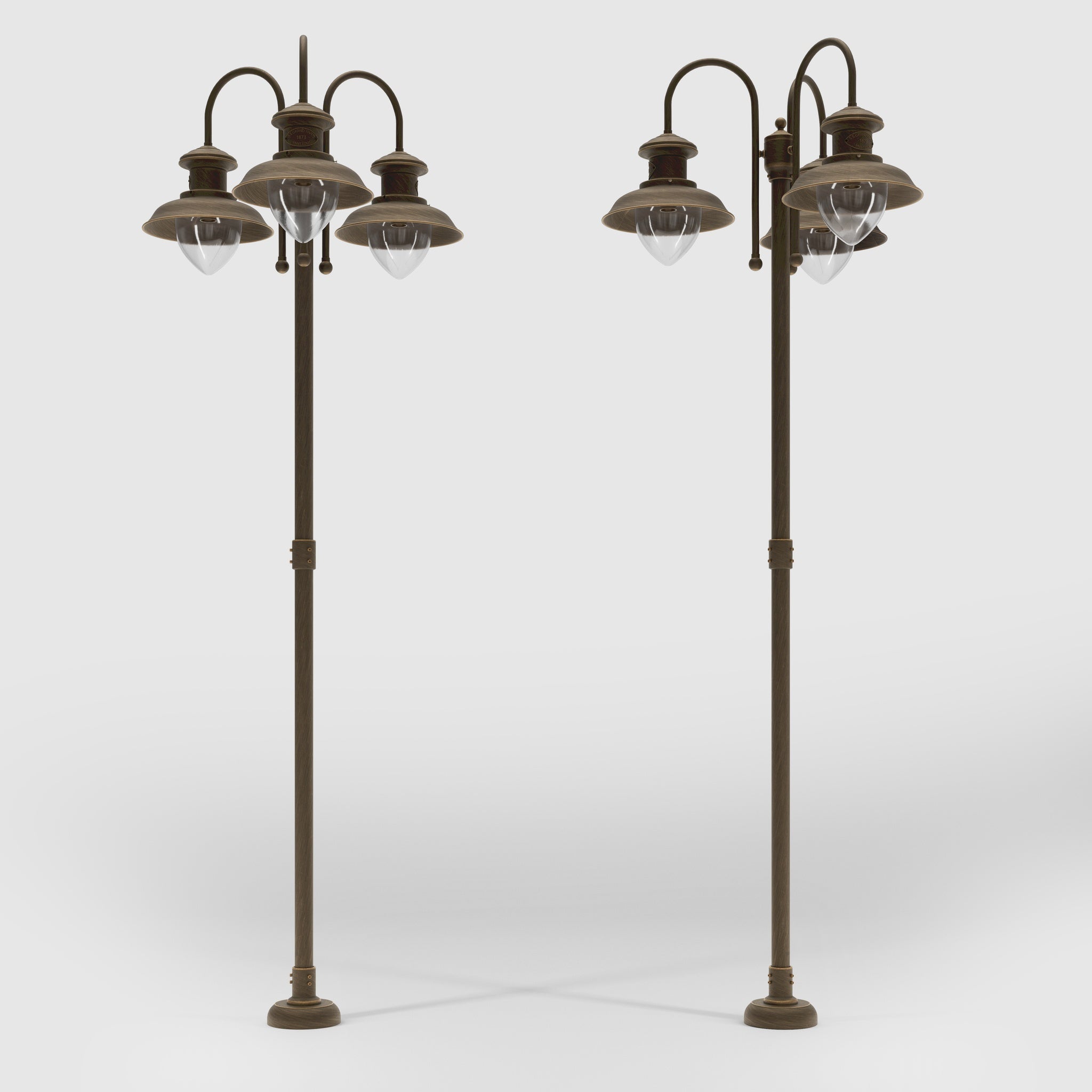 Complete outdoor post lamp with pole featuring three teardrop glass diffusers and brass structure from Amalfi collection by Ghidini 1849 - Finish: OBM Bronze Satin Matt Brass