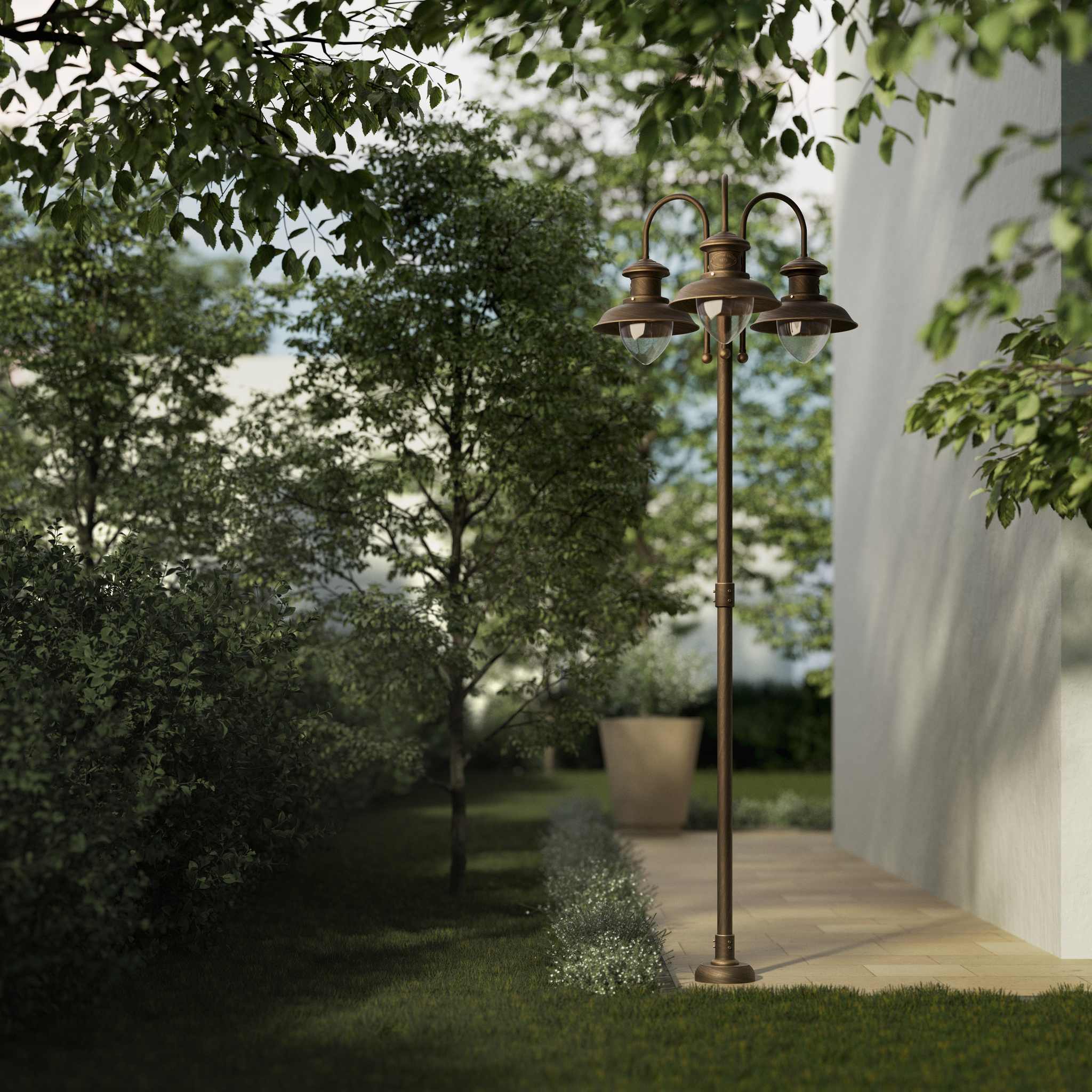 Complete outdoor post lamp with pole featuring three teardrop glass diffusers and brass structure from Amalfi collection by Ghidini 1849 - Finish: OBM Bronze Satin Matt Brass
