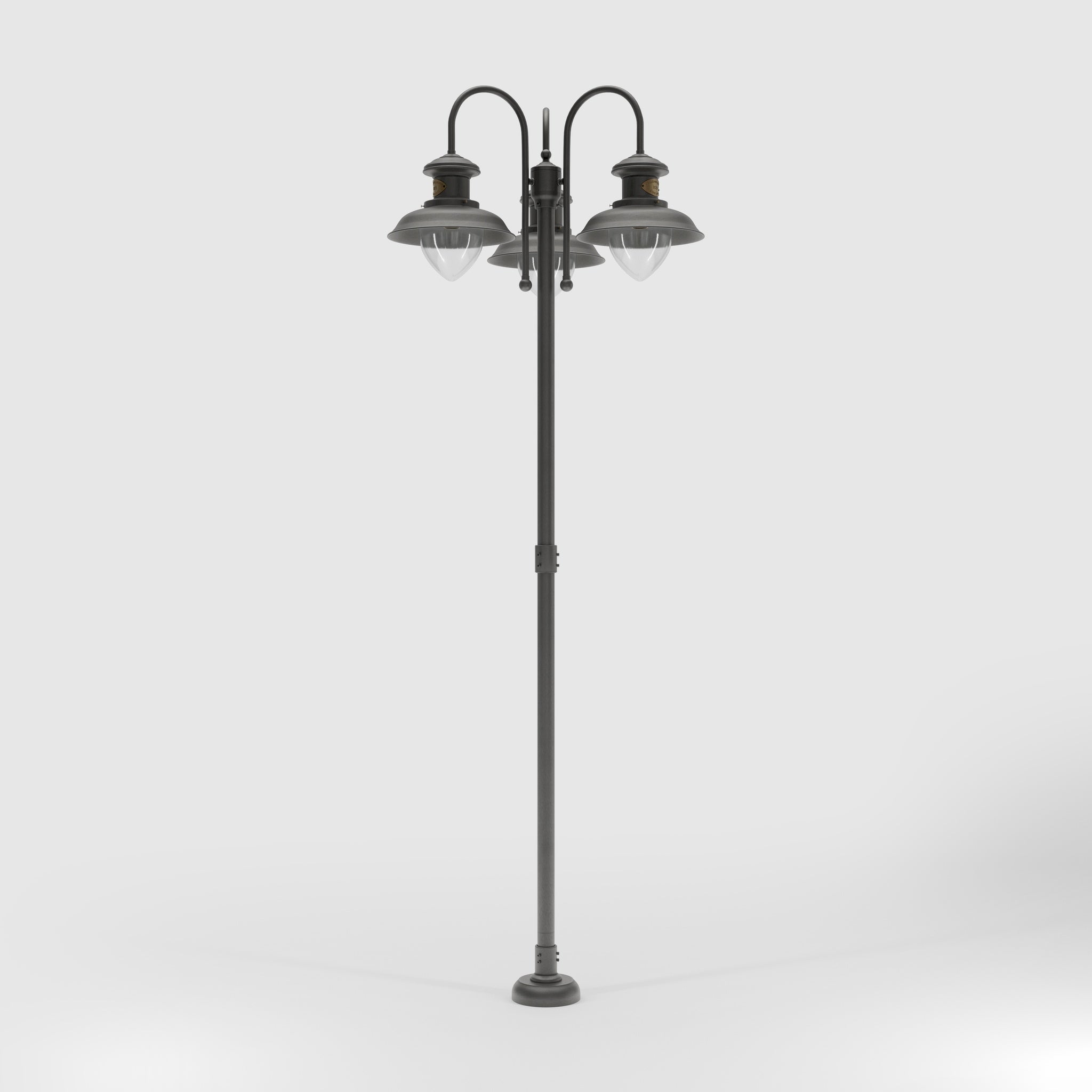 Complete outdoor post lamp with pole featuring three teardrop glass diffusers and brass structure from Amalfi collection by Ghidini 1849 - Finish: OBR Dark Bronze