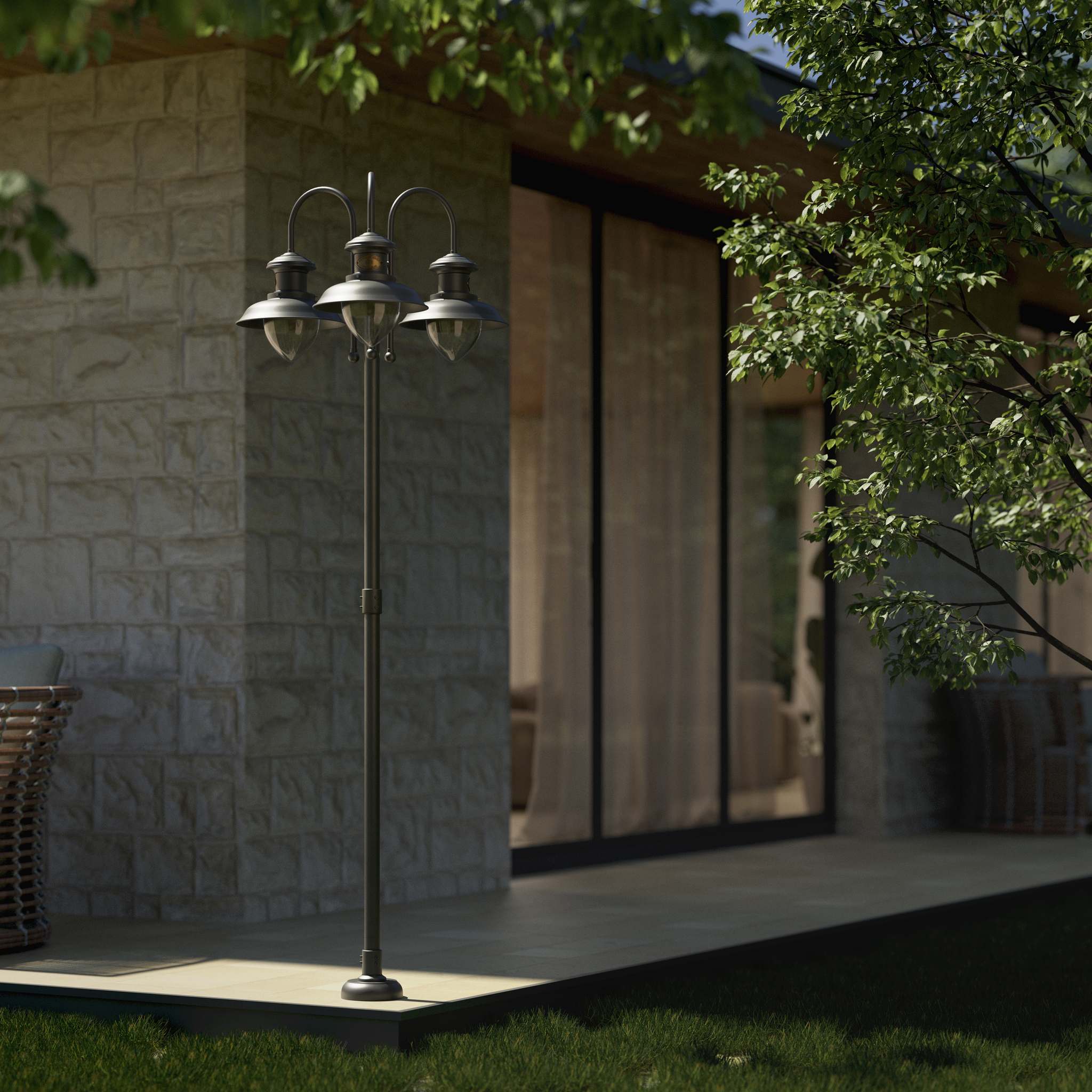 Complete outdoor post lamp with pole featuring three teardrop glass diffusers and brass structure from Amalfi collection by Ghidini 1849 - Finish: OBR Dark Bronze