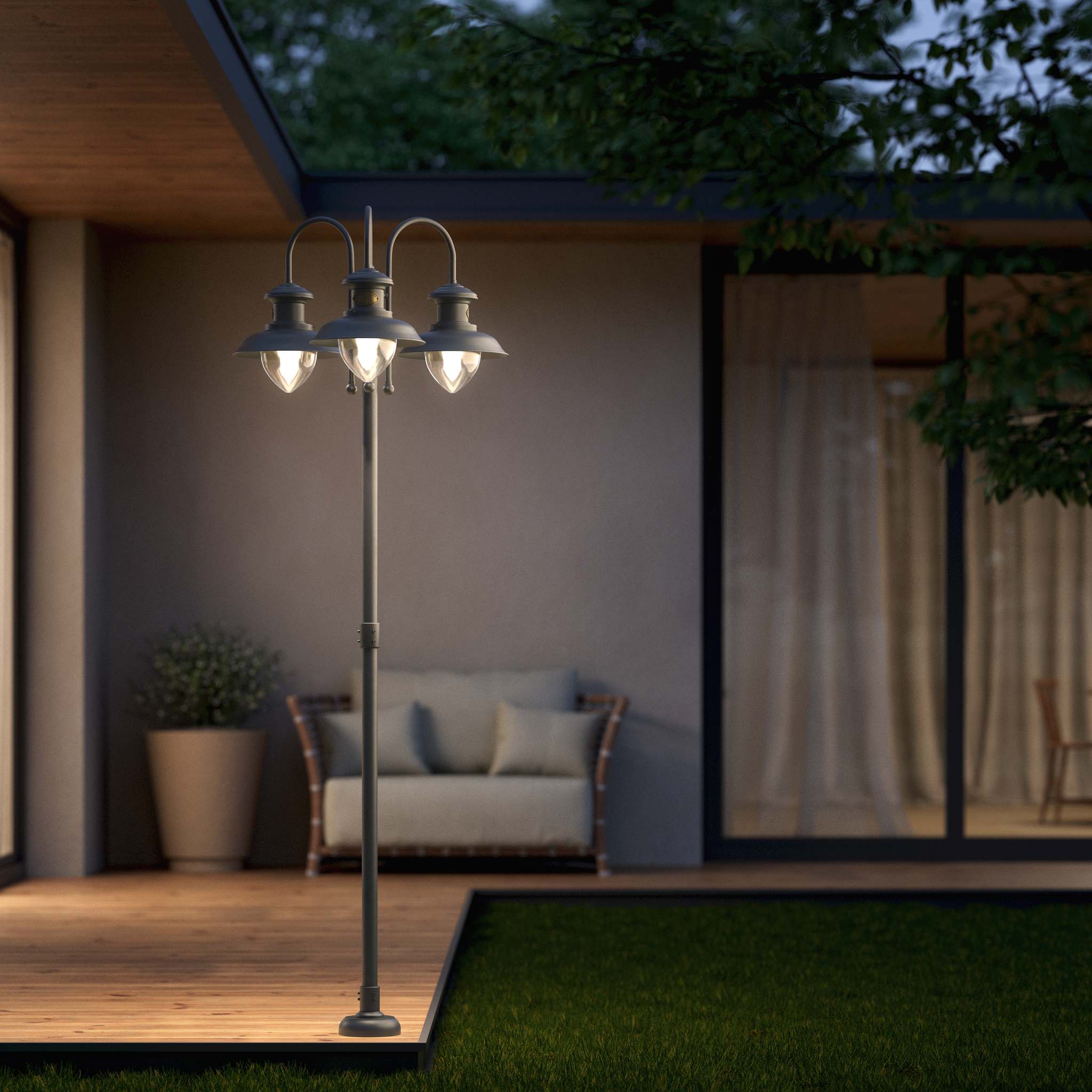 Complete outdoor post lamp with pole featuring three teardrop glass diffusers and brass structure from Amalfi collection by Ghidini 1849 - Finish: OBR Dark Bronze