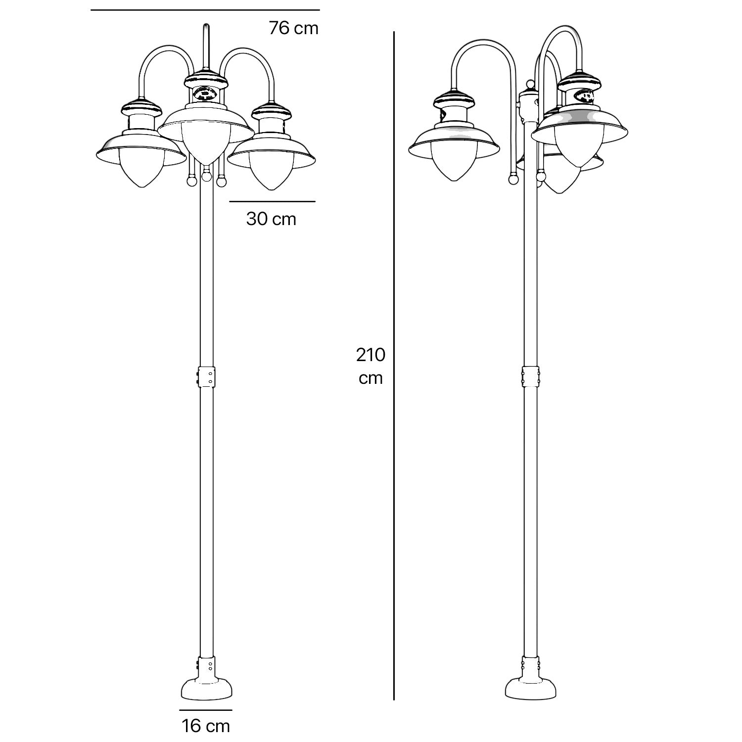 Complete outdoor post lamp with pole featuring three teardrop glass diffusers and brass structure from Amalfi collection by Ghidini 1849