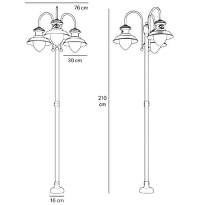 Complete outdoor post lamp with pole featuring three teardrop glass diffusers and brass structure from Amalfi collection by Ghidini 1849