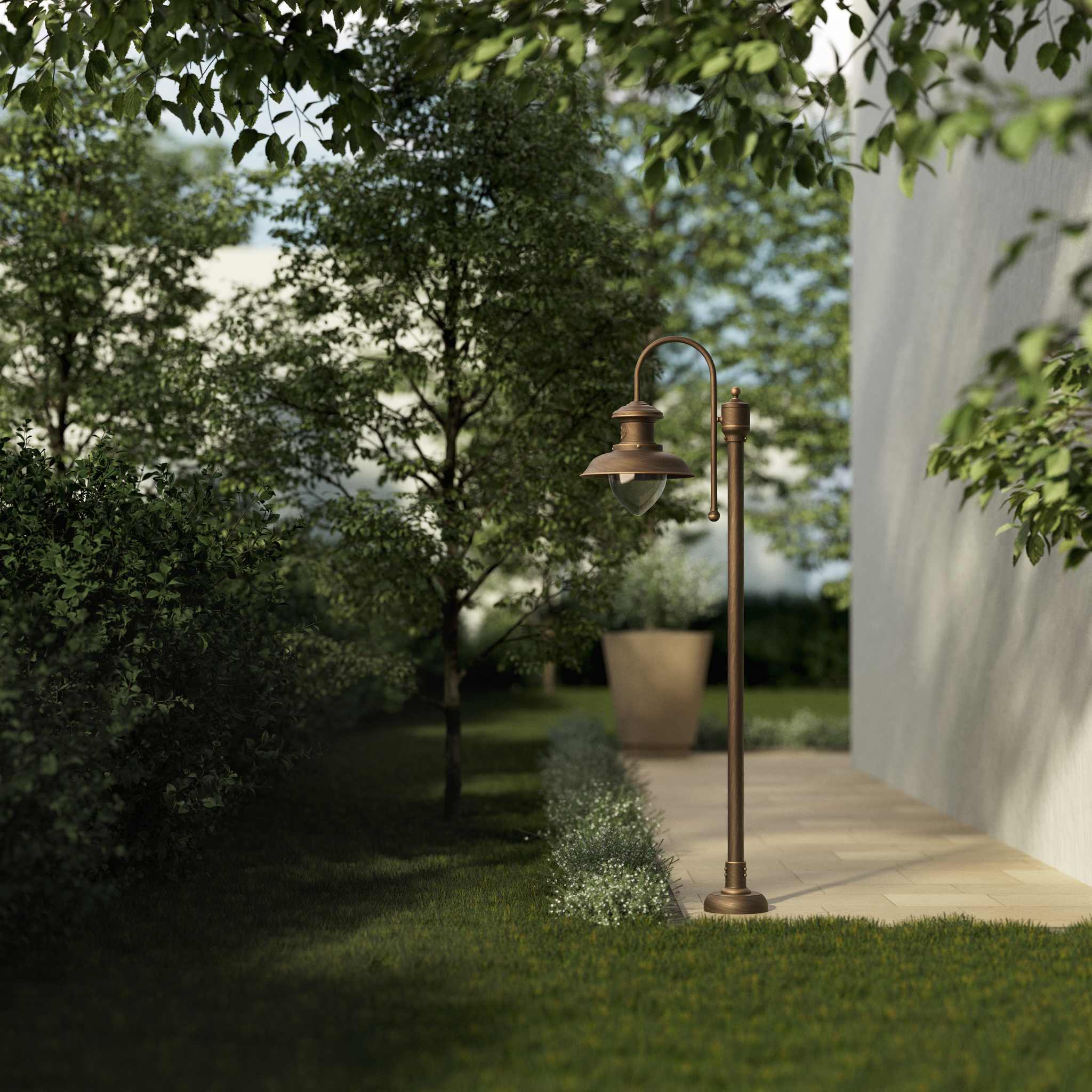 Complete outdoor post lamp with pinecone-shaped glass diffuser and brass structure from the Amalfi collection by Ghidini 1849 - Finish: OBM Bronze Satin Matt Brass