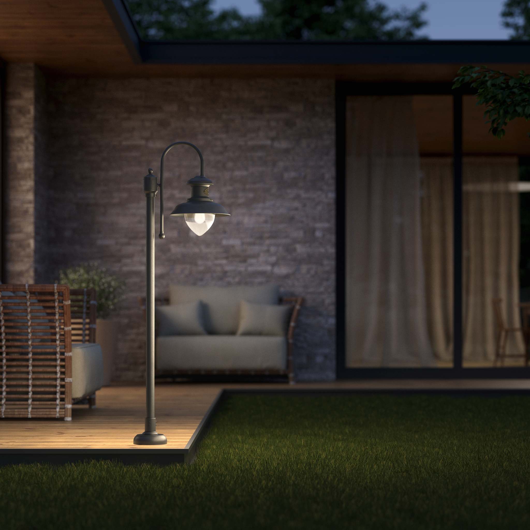 Complete outdoor post lamp with pinecone-shaped glass diffuser and brass structure from the Amalfi collection by Ghidini 1849 - Finish: OBR Dark Bronze