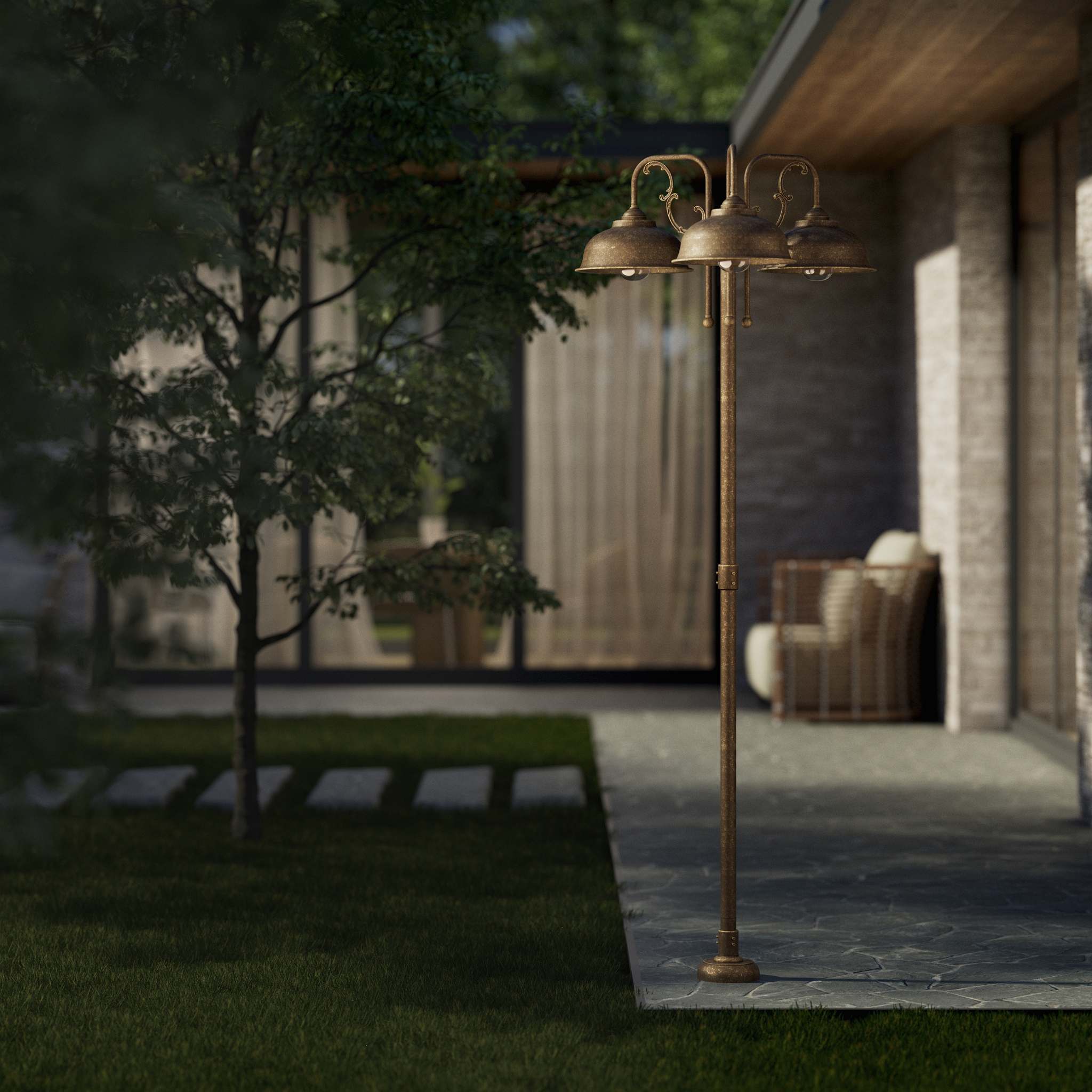 Classic brass and glass garden lamp with three decorative arms, outdoor lighting by Ghidini 1849 - Finish: OAS Antique Brass