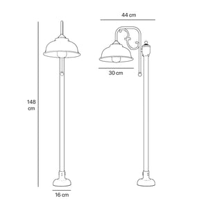 Classic brass and glass garden lamp with decorative curved arm, outdoor lighting by Ghidini 1849