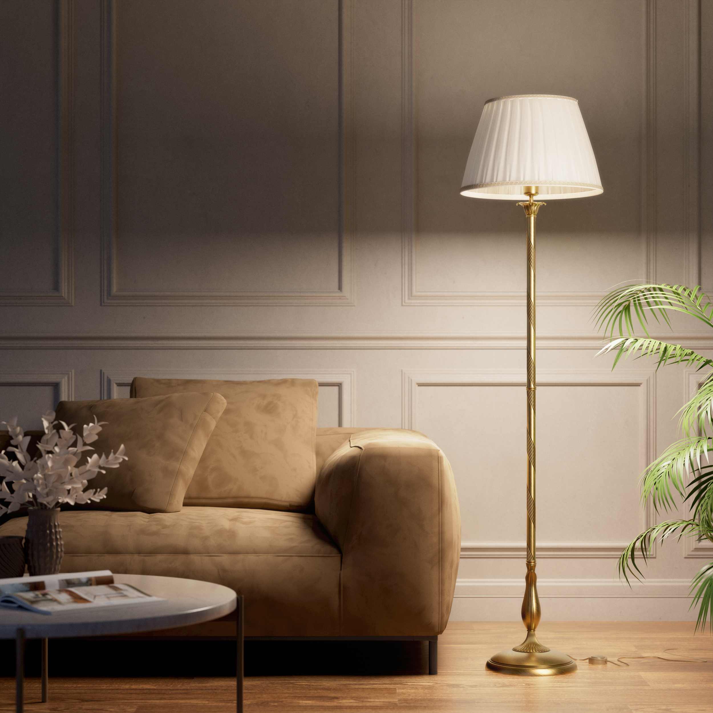 Classic brass floor lamp with braided stem ivory white pleated shade and elegant decorative base - Finish: OBS Bronze Satin Brass