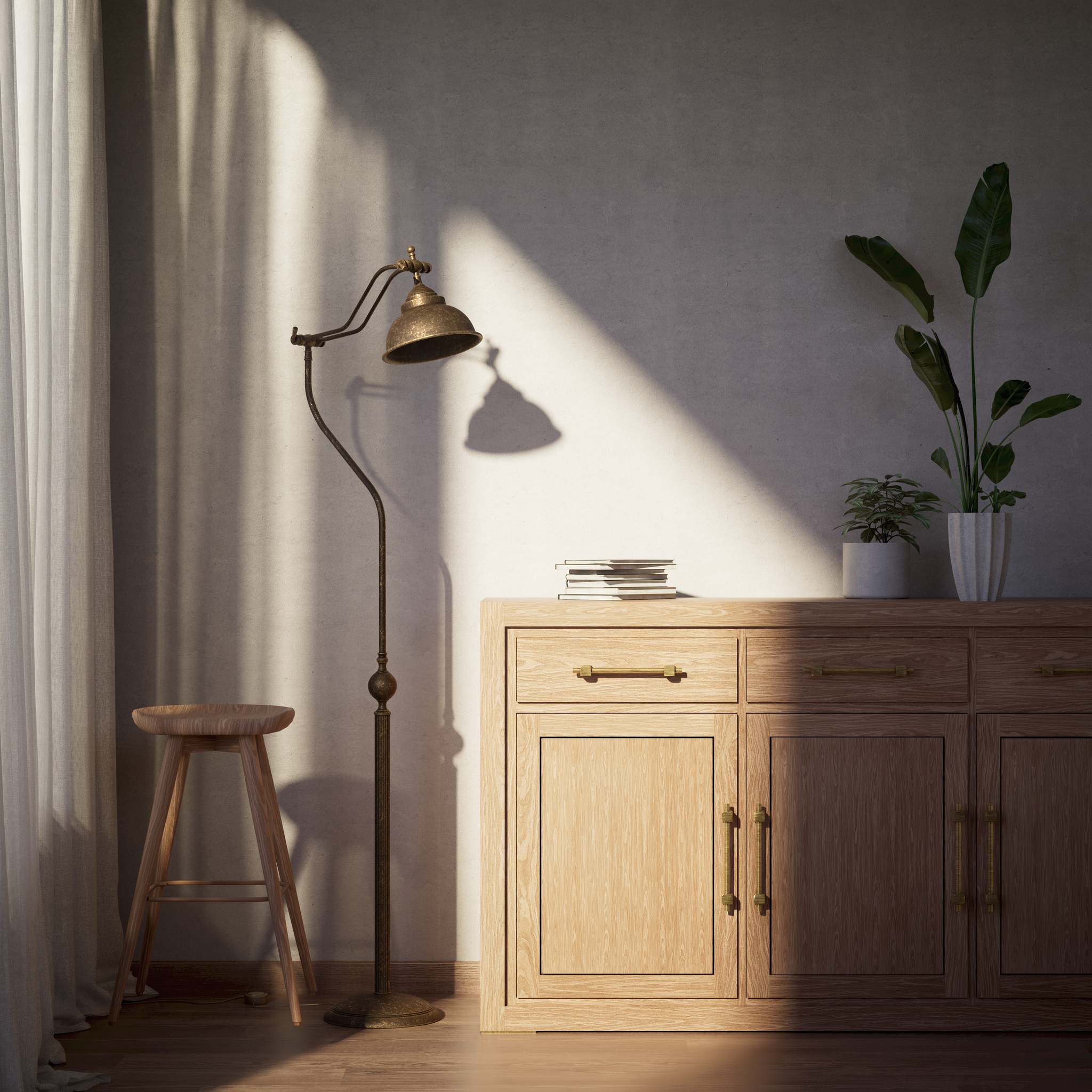 Industrial style brass floor lamp with adjustable articulated arm and conical shade, vintage design Made in Italy by Ghidini 1849 - Finish: OAS Antique Brass