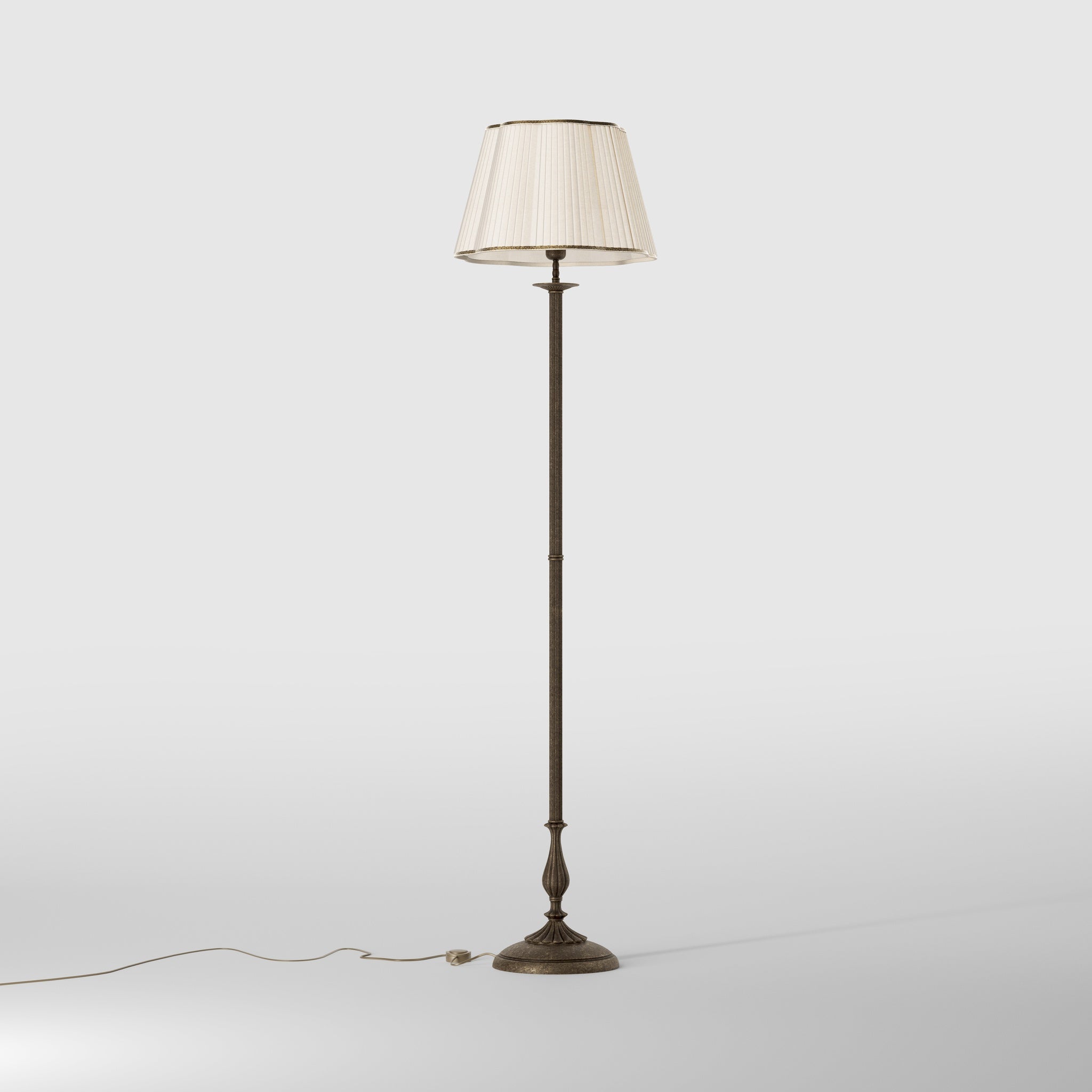 Classic brass floor lamp with fluted stem and pleated ivory fabric shade with decorative trim Petalo collection by Ghidini 1849 - Finish: OAS Antique Brass