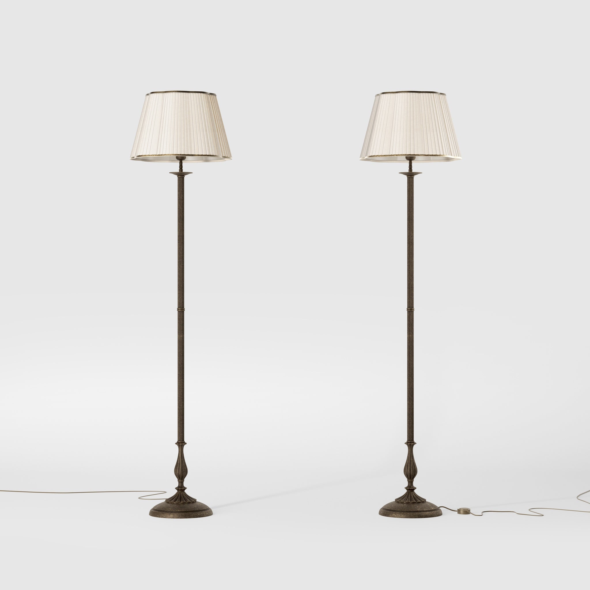 Classic brass floor lamp with fluted stem and pleated ivory fabric shade with decorative trim Petalo collection by Ghidini 1849 - Finish: OAS Antique Brass